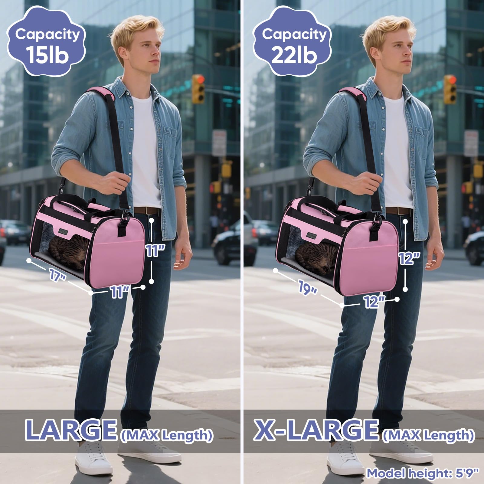 BALEINE Cat Carrier, Puppy Dog Carrier for Small Medium Pets Up to 22 Lbs, Soft-Sided Dog Travel Bag with Safety Zippers, Collapsible Pet Carrying Case (Pink, XL, 19"x12"x12") - image 6