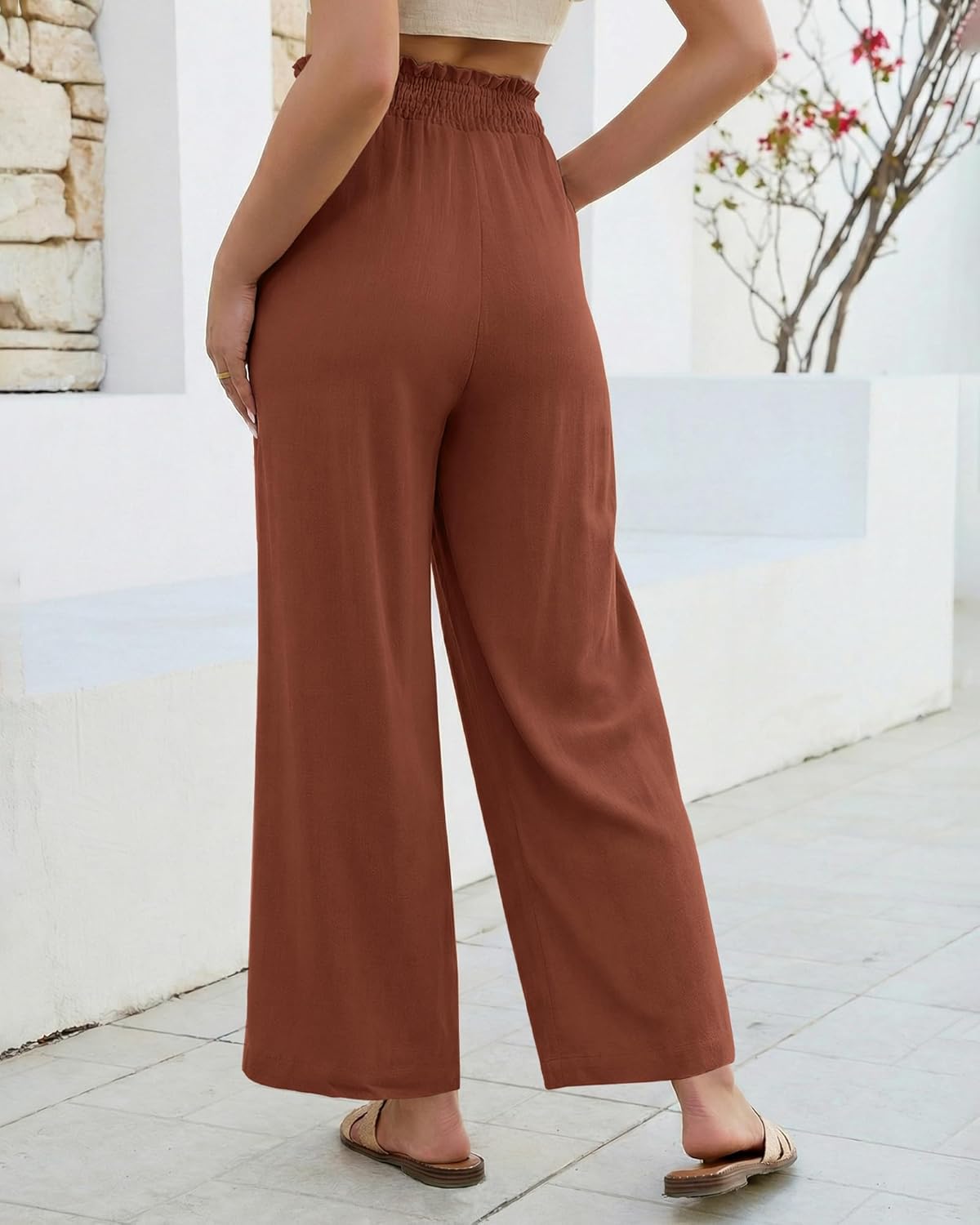GRAPENT Linen Pants for Women Wide Leg High Waisted Paper Bag Smocked Waist Casual Summer Beach Vacation Palazzo Pants - Image 2