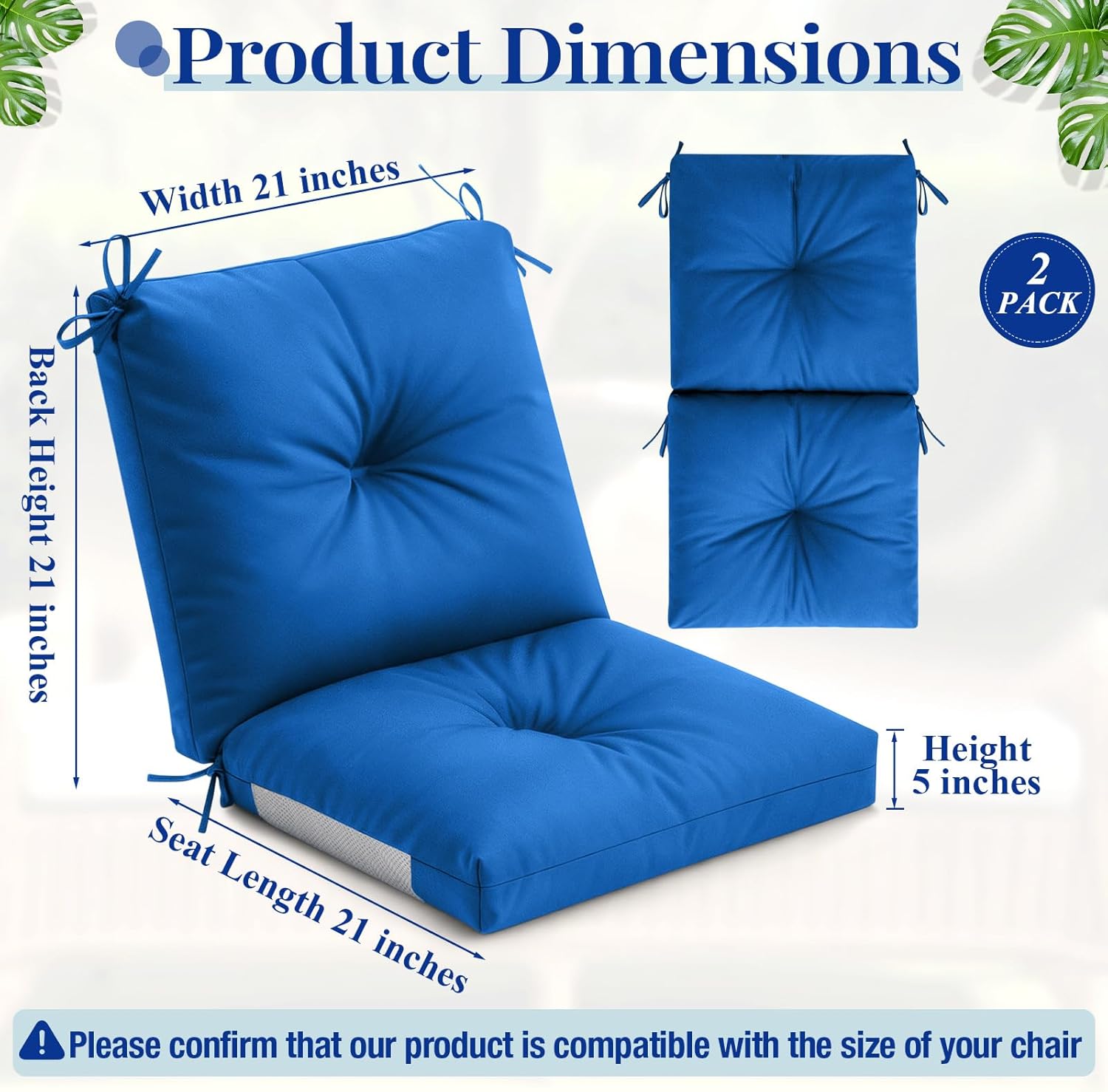 Marsui 2 Pack High Back Outdoor Chair Cushions Patio Furniture Tufted Pillow with Ties for Seat Pads Water Resistant Rocking Seat Cushions for Patio Dining Porch, 42 x 21 x 5 Inches (Blue) Blue 2