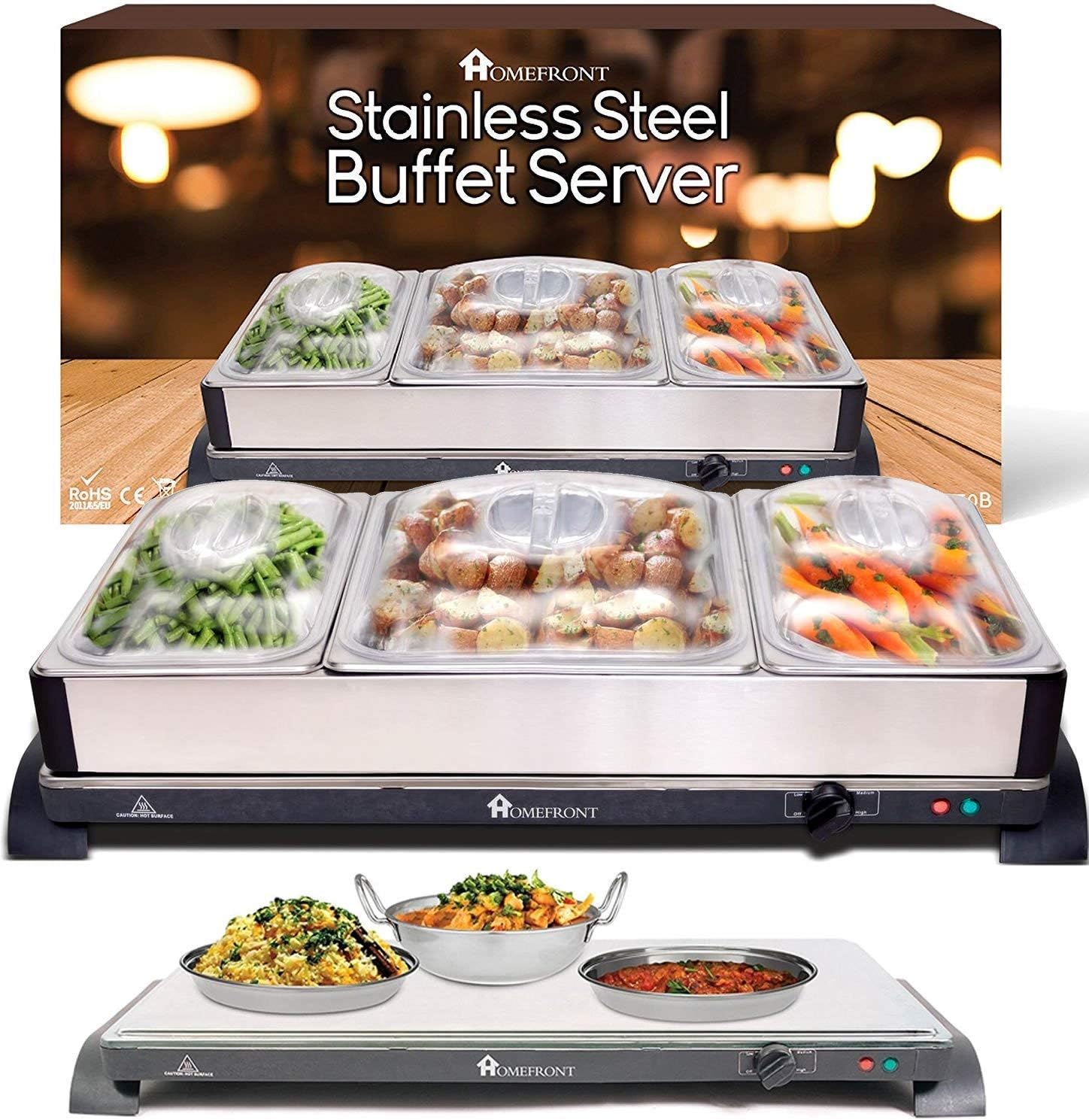 Homefront Buffet Server and Warming Hot Plate - 2 in 1 Large Food Warmer Server - Stainless Steel - Adjustable Heat - Cool Touch Handles - Dishwasher Safe Lids (Extra Large Capacity)