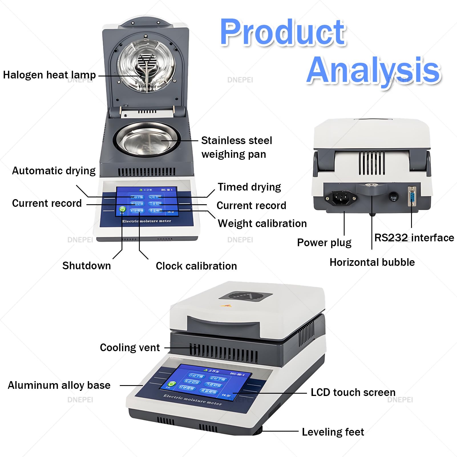 Analizador de Humedad de Laboratorio, balanza Digital de precisión con Pantalla táctil y Calentamiento halógeno de 50 g x 0,005 g, 2 Modos RS232, para Alimentos, Polvos, Hierbas, tés y Carne
