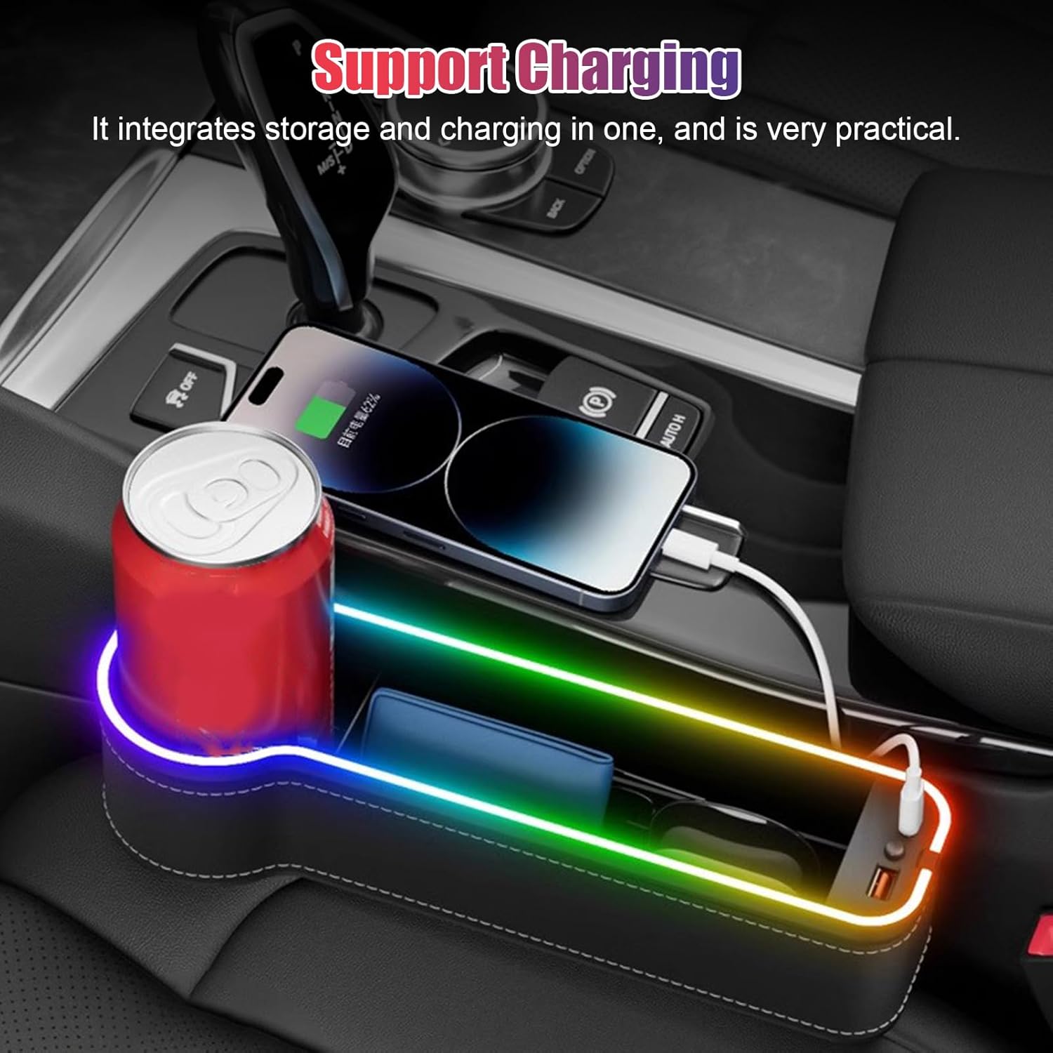 2PCS LED Car Seat Gaps Filler Organizer,Front Seat Gaps Filler, Car Seat Organizer with Ambient Light, USB Charger for Multifunction Storage Box for Holding Phone, Sunglasses