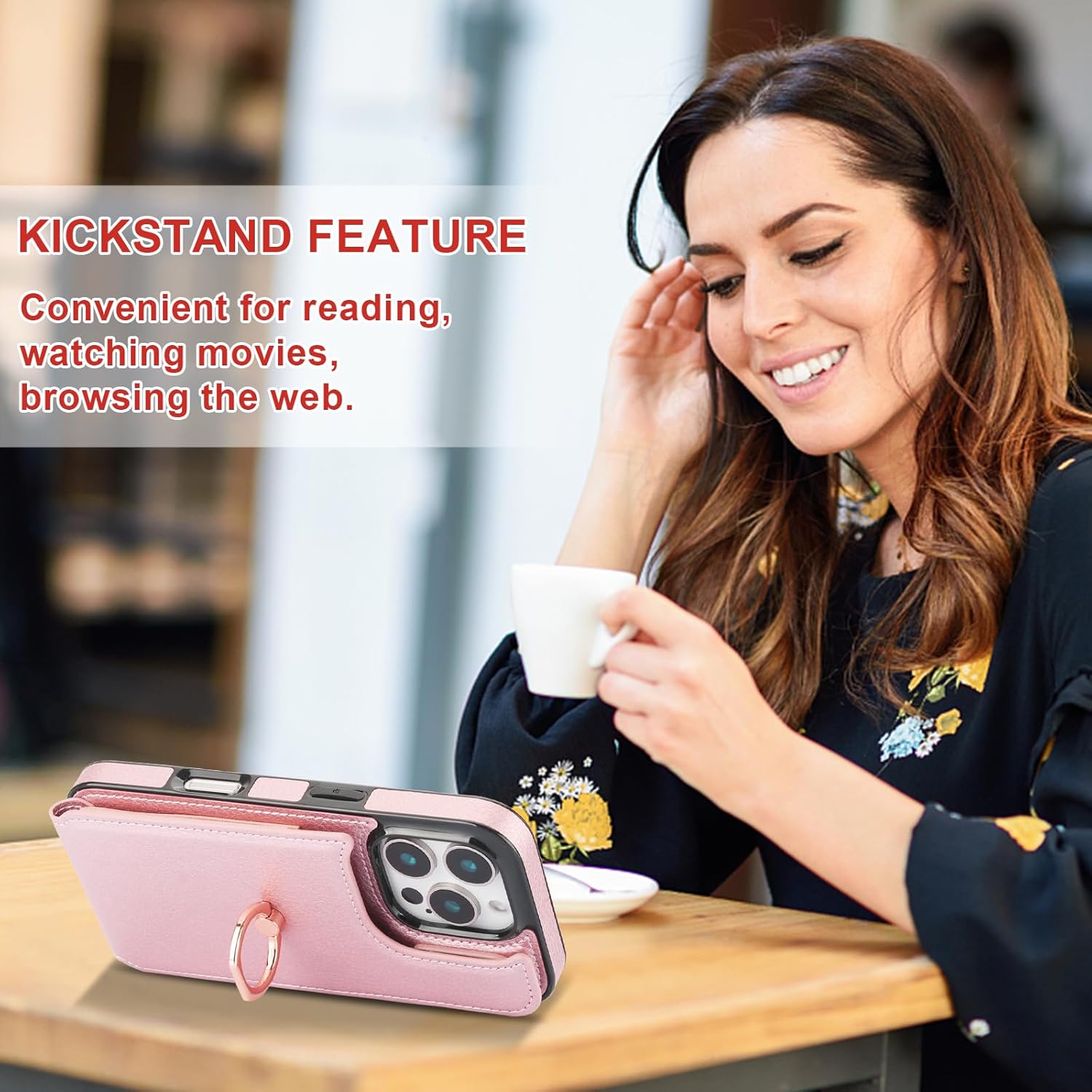 Folosu Compatible with iPhone 16 Pro Case Wallet with Card Holder, 360°Rotation Finger Ring Holder Kickstand, RFID Blocking Leather Protective Double Buttons Shockproof Cover 6.3 Inch Rose Gold