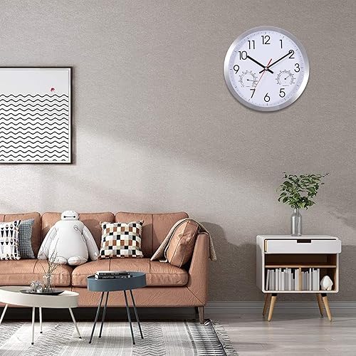 Miniatura 2 de Vigorwise Reloj de pared de 10 pulgadas con temperatura y humedad, reloj de pared con marco de aluminio a pilas, movimiento silencioso y preciso,