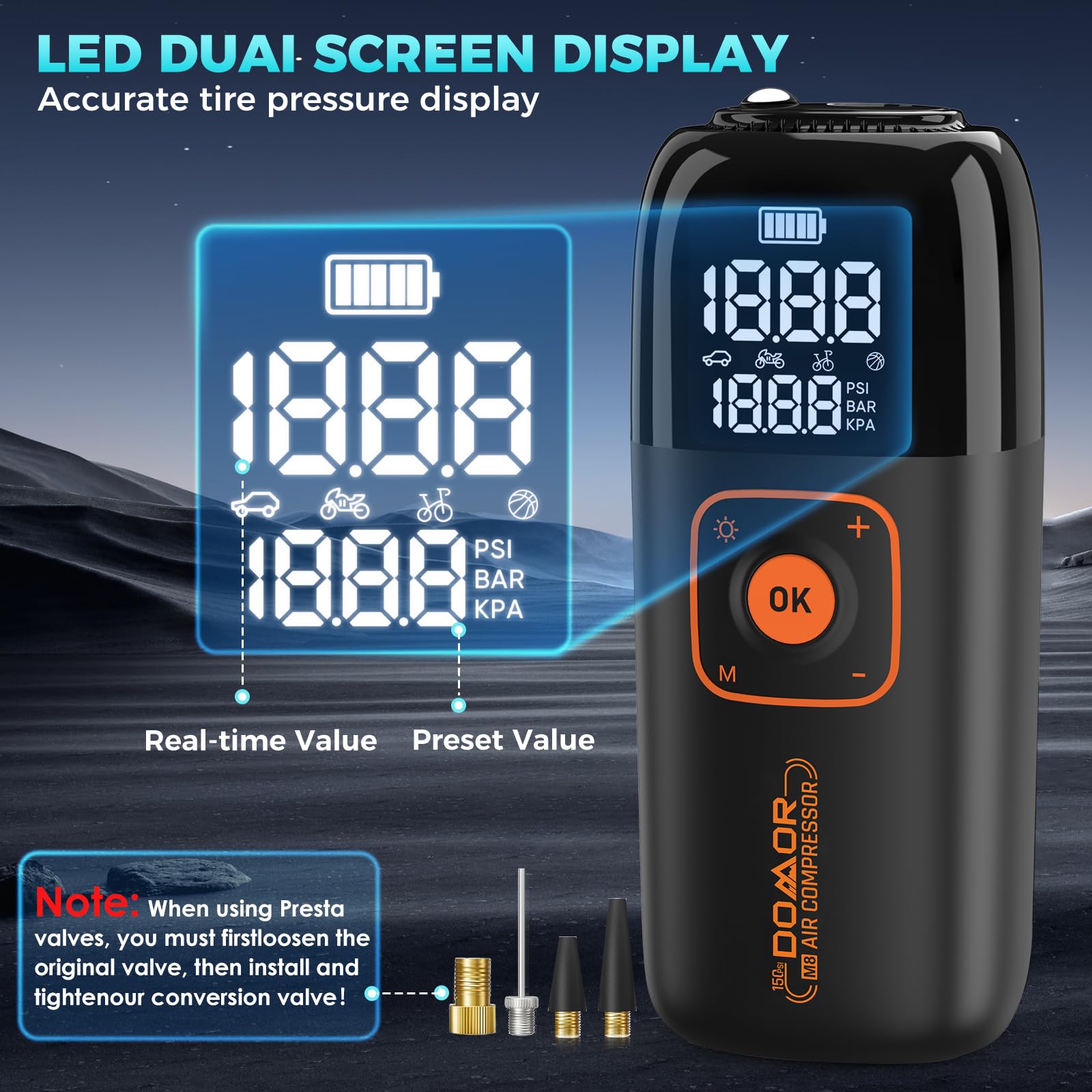 Gonfleur Pneus Voiture, Compresseur à Air Portatif sans Fil 150 PSI (10,35 Bar), Gonfleur Electrique, Pompe a Velo, Inflation Rapide, Arrêt Automatique, LED, pour Voiture, Moto, Vélo, Ballon