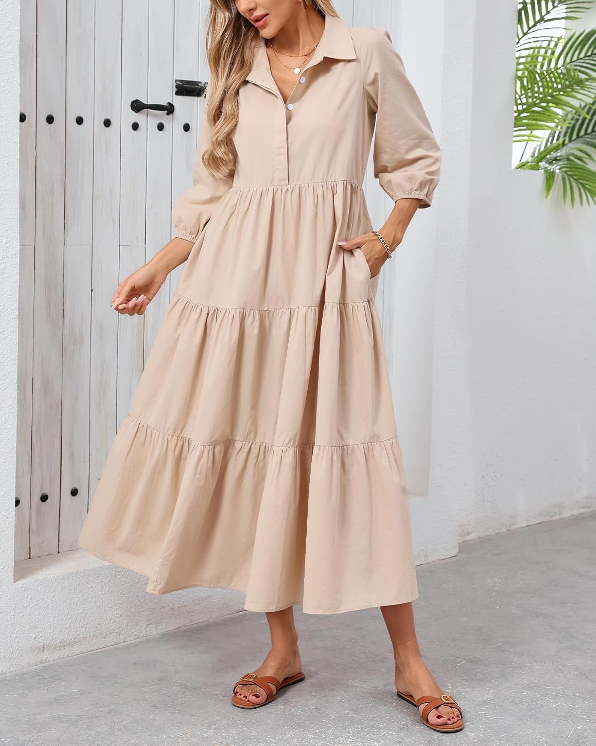 Women Button Down Maxi Shirt Dress Long Sleeve Flowy Tiered Collared Dresses with Pockets - Image 3