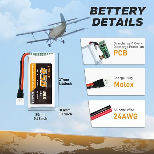 Miniatura 3 de VICMILE Batería Lipo de 3.7 V 450 mAh 25C RC Drone Baterías con cargador 5 en 1 Molex Plug Compatible con la mayoría de SYMA y Holystone RC Drone,