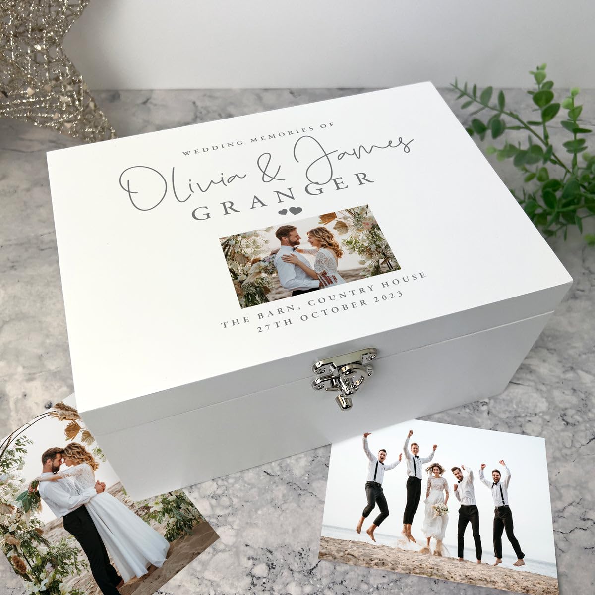 Caja de recuerdos de boda personalizada de lujo, color blanco, línea superior, nombres personalizados, apellidos, ubicación y fecha, regalo de boda, 27 x 19 x 14 cm