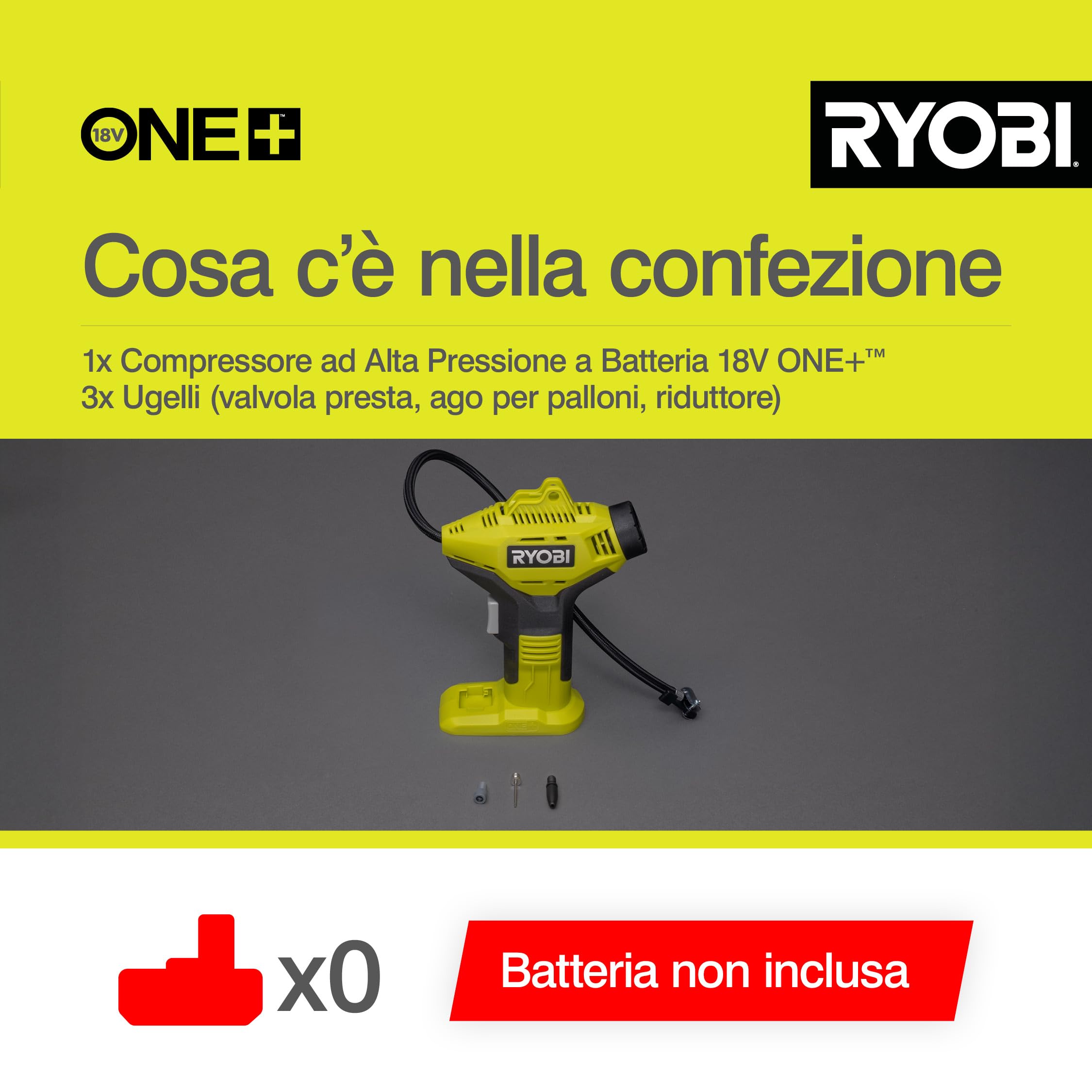 Ryobi Compressore Compatto a Batteria 18V ONE+ fino a 10,3 Bar, con Manometro Integrato, Tubo 50 cm e Accessori Inclusi per Pneumatici, Bici e Palloni, Batteria Non Inclusa, R18PI-0