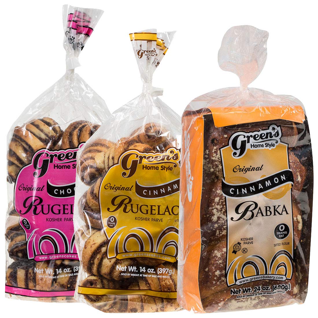 Green's Bakery Babka & Rugelach Value Pack, 3 Pack (1) 24oz Cinnamon Babka, (1) 14oz Cinnamon Rugelach, (1) 14oz Chocolate Rugelach, Fresh and Delicious, OK Certified Kosher and Pareve, Dairy Free and Nut Free
