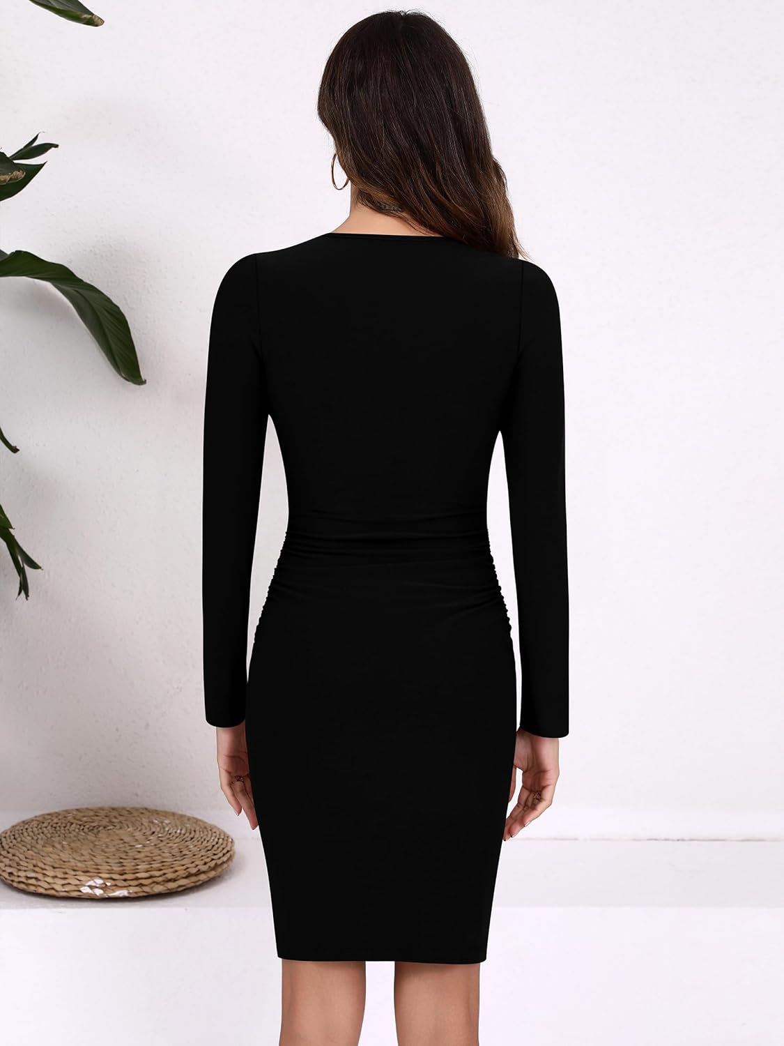 Missufe Women's Crew Neck Long Sleeve Ruched Knee Length Bodycon Casual Dress Sheath Sundress - Image 5