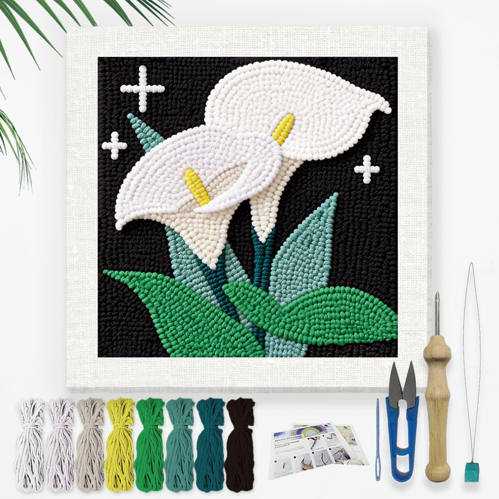 DOODLREAM Calla Lily Flower Needle Kit for Beginner, 24x24cm Elegant Floral Punch Stitching Craft Set, Color DIY Embroidery Starter with Printed Frame, Instruction, Threader, Yarn, Pinch Needle