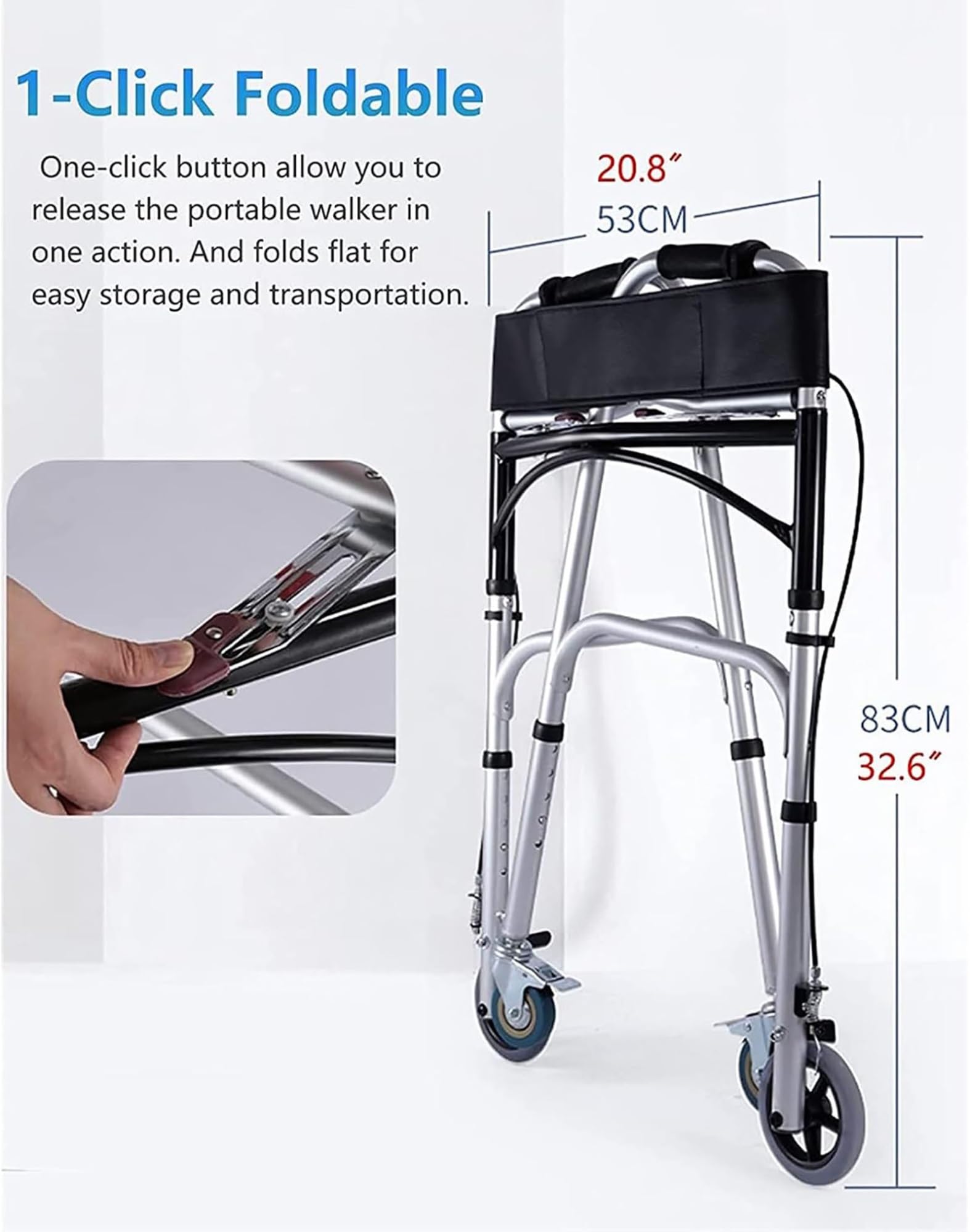 Leichter Aluminium Gehbock mit Rollen Klappbar, 4-Rad-Walker mit gepolstertem Sitz, arretierbare Bremsen, einfach zu faltender Gehwagen, für ältere oder behinderte Menschen, Mobilitätshilfe