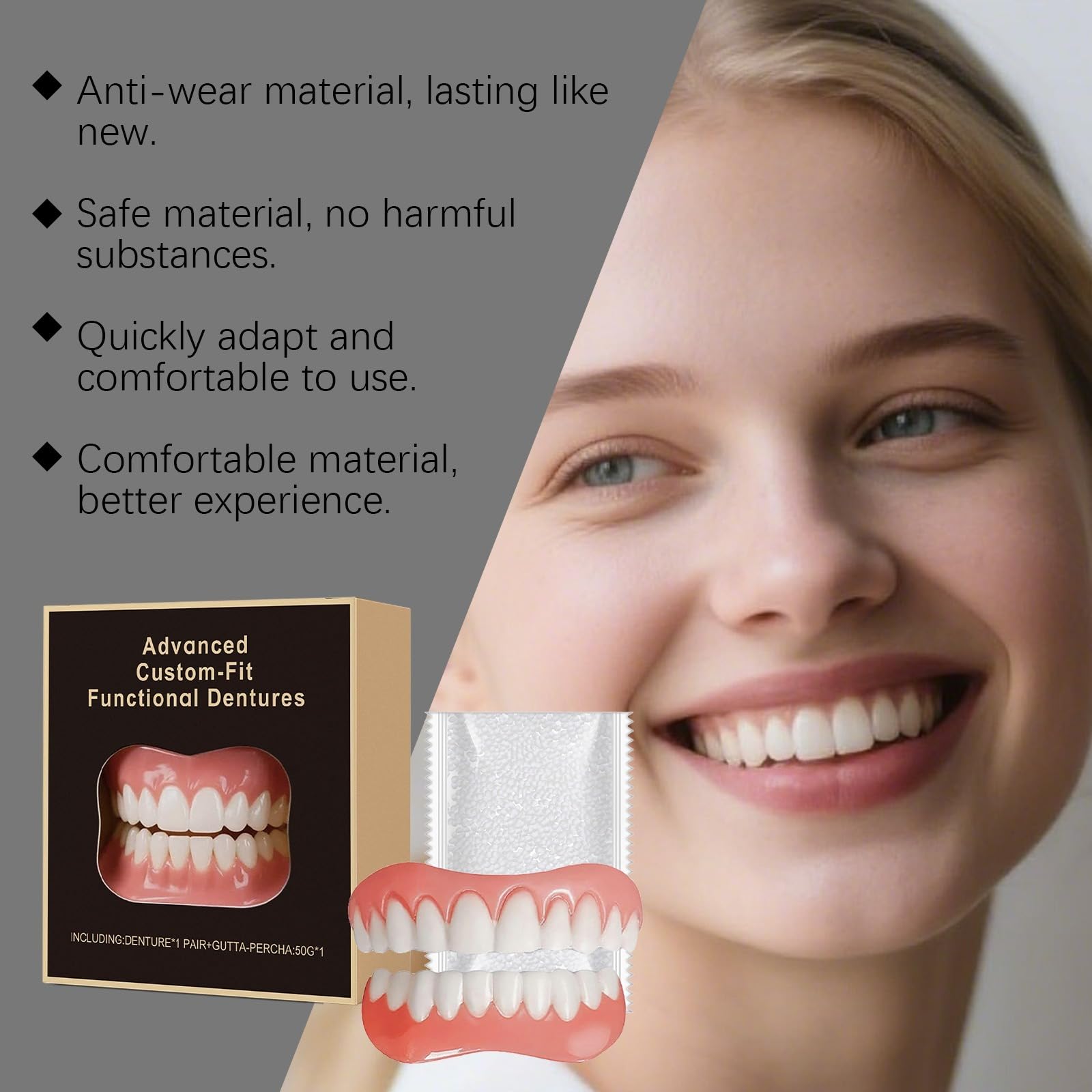 Protesi dentale di alta qualità in silicone a bocca piena, posa rapida, abbellimento del sorriso, aspetto naturale, morbido e confortevole immediato dentale, per uomo e donna rimovibile
