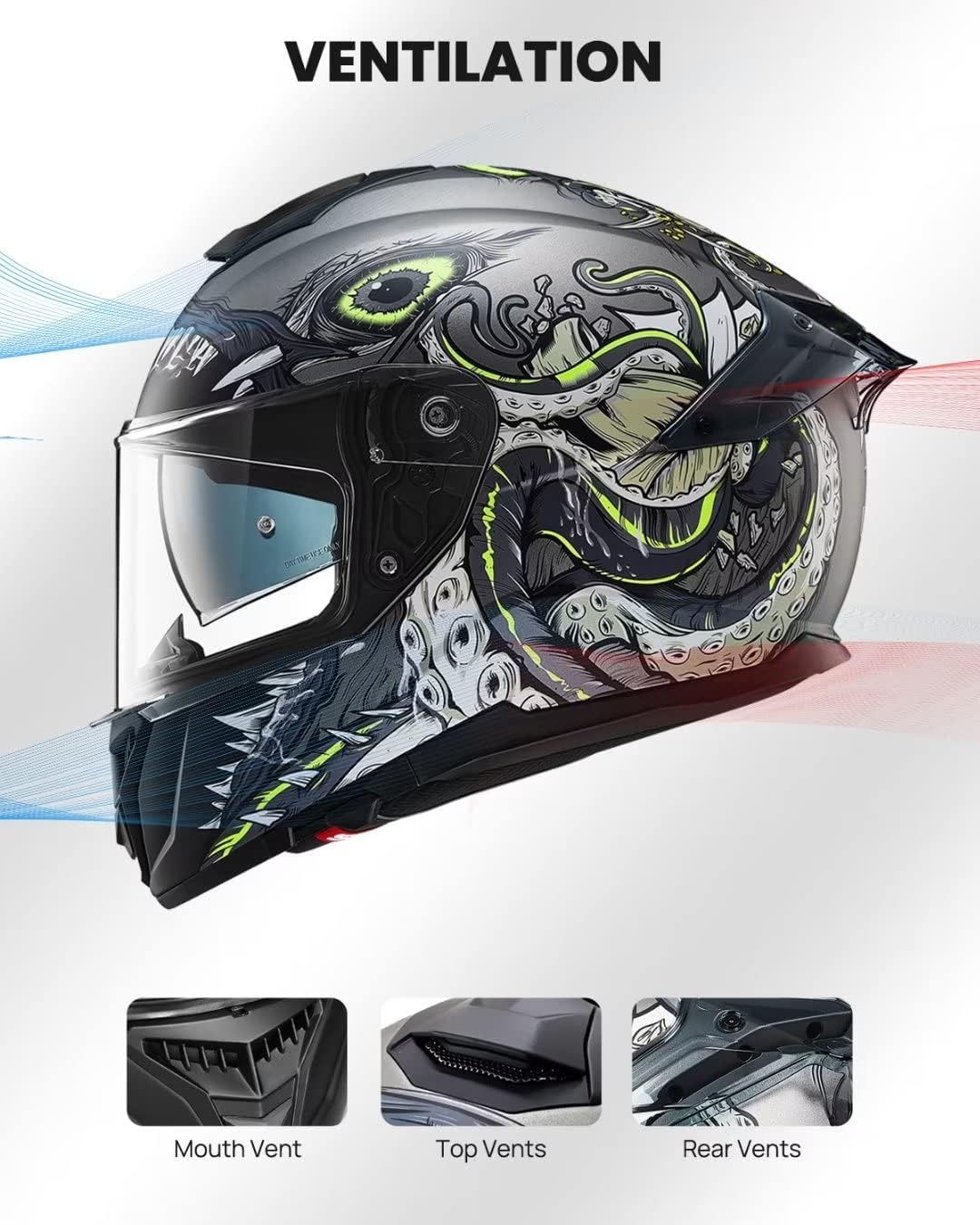 ILM Full Face Dual Visor Motorcycle Helmets with Rear Wing Pinlock Compatible Motorbike Street Bike Helmet DOT Men Women Model 861A (GreenDeepSea, L) - Image 3