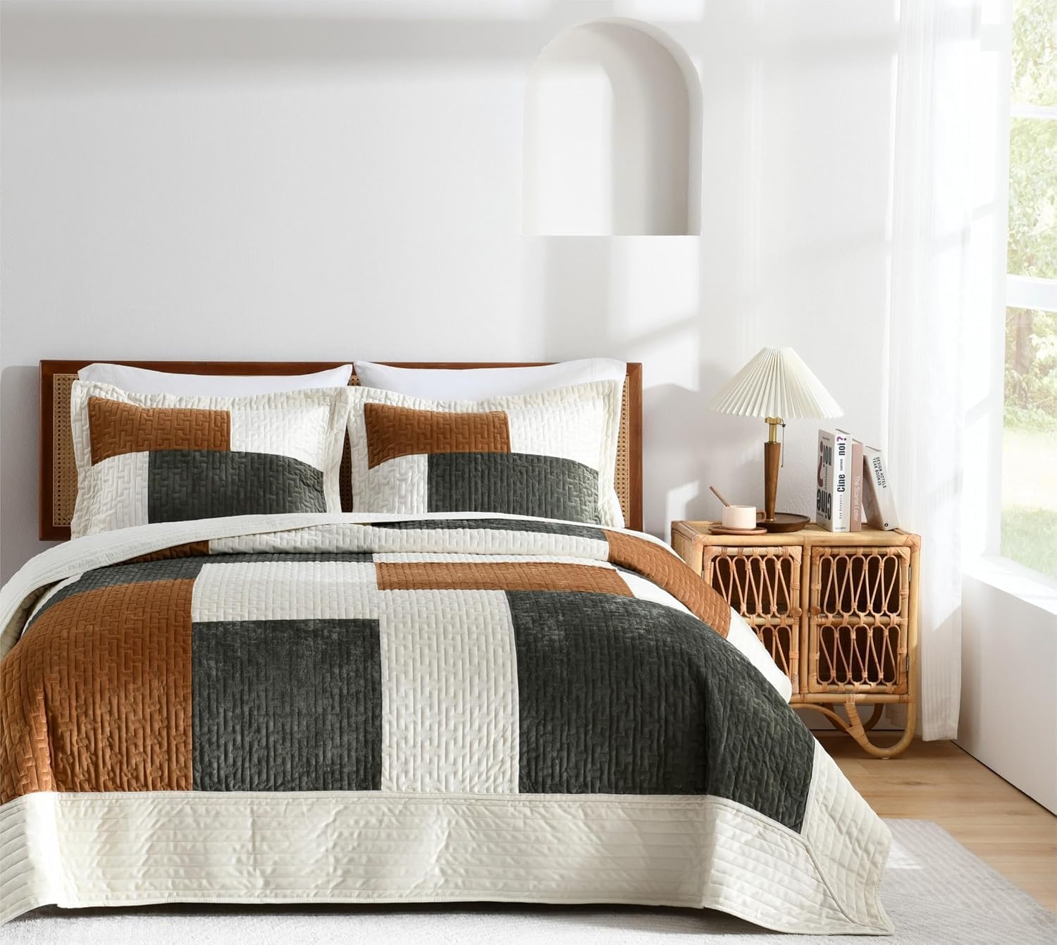 Grassix Velvet Quilt Set King Size, Luxury Patchwork Design, Green Caramel