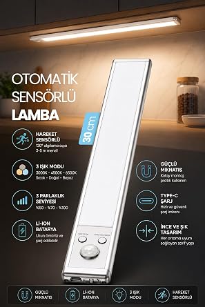 30 cm Hareket Sensörlü Şarjlı LED Dolap Lambası 2200 mAh Şarjlı Manyetik 3 Renk Type-C Kablosuz 1015 [Enerji Sınıfı A]