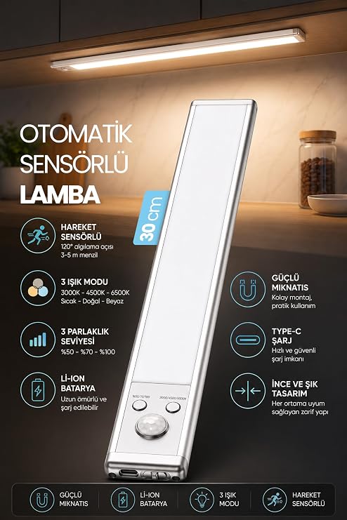 30 cm Hareket Sensörlü Şarjlı LED Dolap Lambası 2200 mAh Şarjlı Manyetik 3 Renk Type-C Kablosuz 1015 [Enerji Sınıfı A]