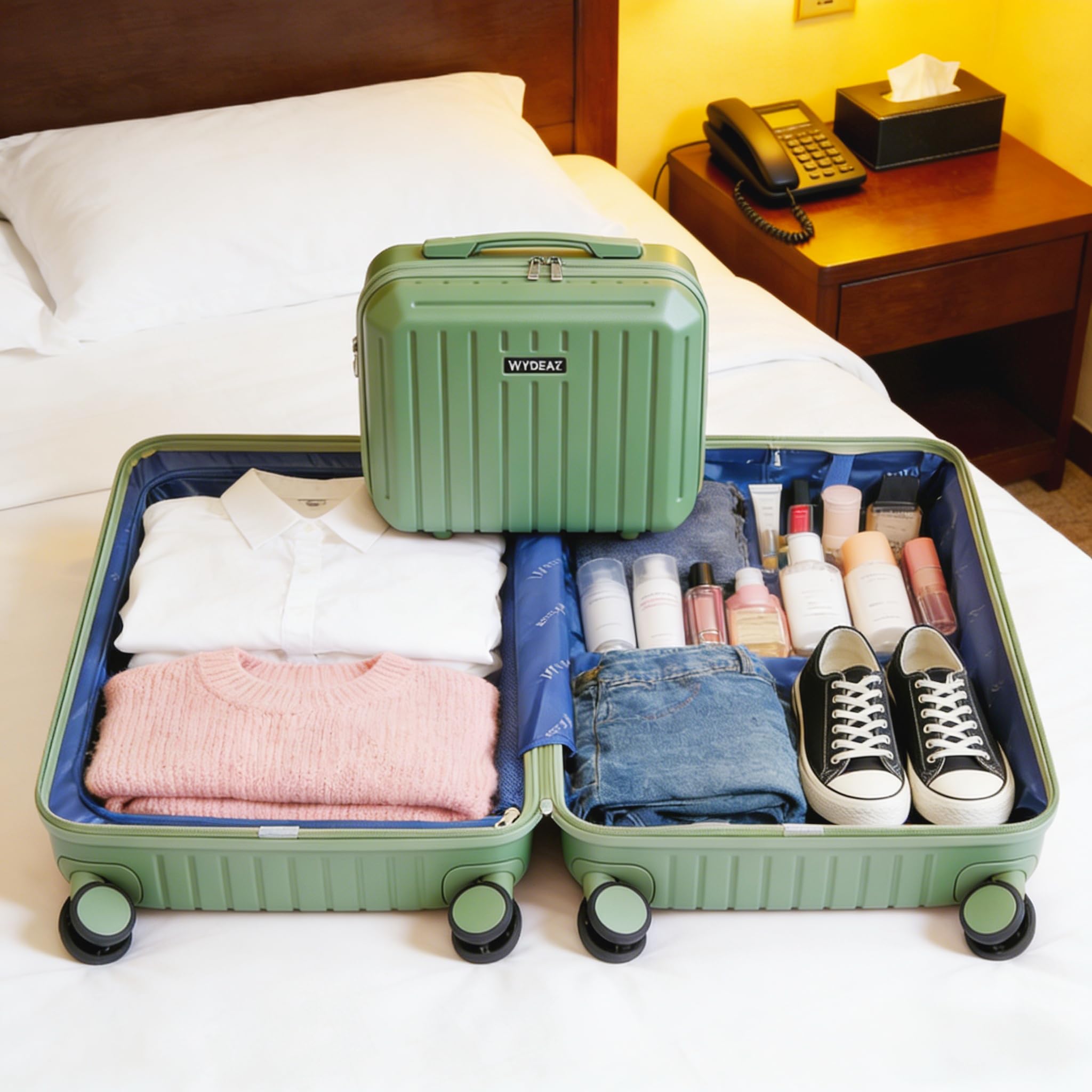 Maleta de Cabina 55x38x23 cm + Neceser, Set Rígido ABS+PC Ligero con 4 Ruedas 360°, Apertura Frontal, Puerto USB, Cierre de Combinación, Equipaje de Mano (Matcha, Set de 2)