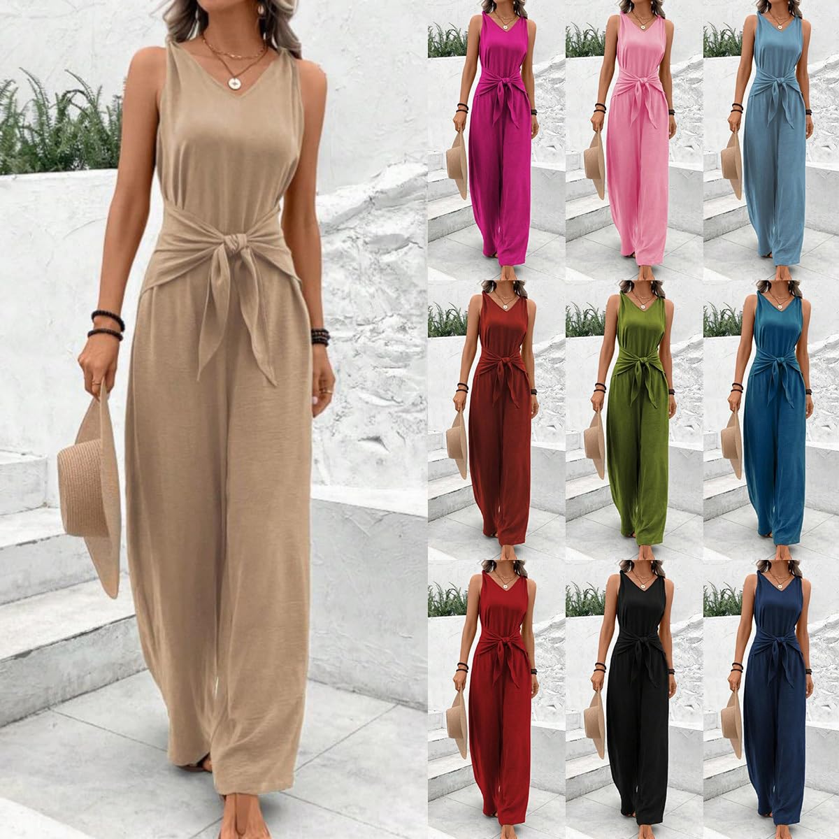 Onsoyours Combinaison Femme D'Été Décontractée Loose Salopette Élégant Épaules Dénudées Plage Jumpsuit Col V Longue Playsuit Avec Ceinture