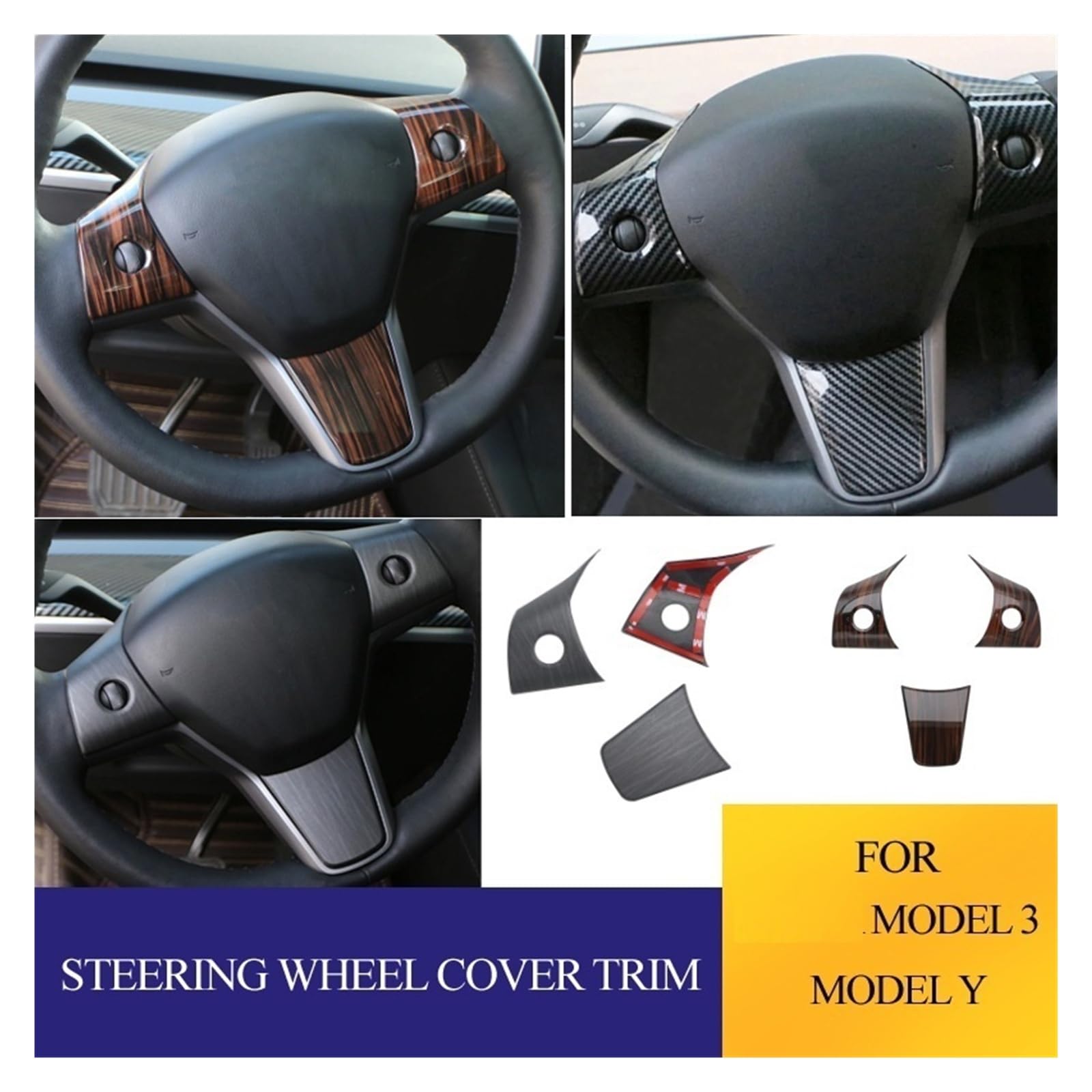 for Tesla Modell 3 2016-2023 Modell Y 2019-2023 3 Teile/Satz ABS Auto Lenkrad Panel Dekoration Abdeckung Trim Zubehör(Wood Grain Black)
