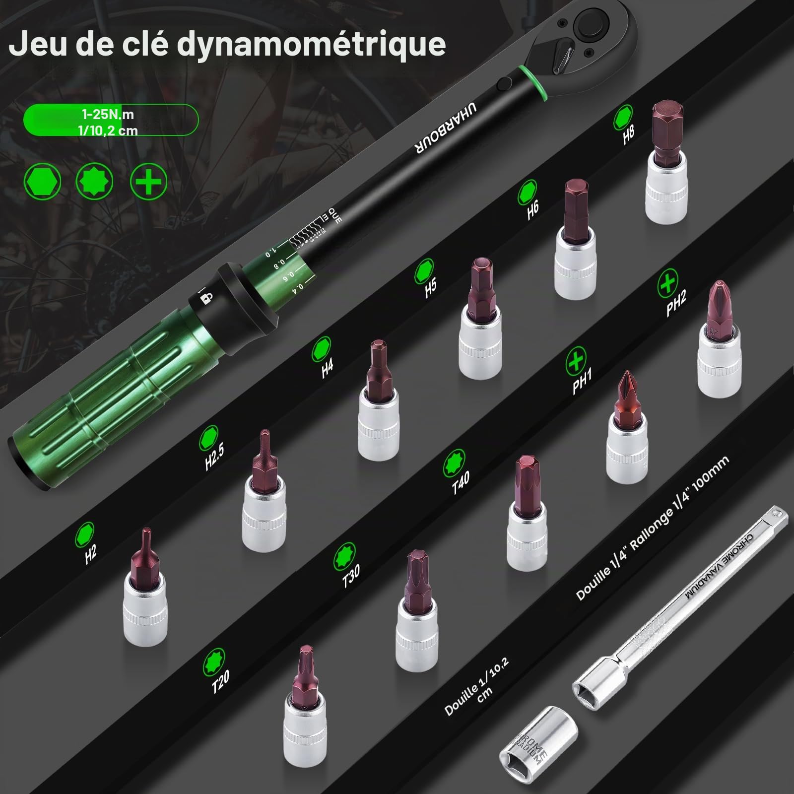 Clé Dynamométrique Vélo 1/4", 1-25 Nm Petite Clé Dynamométrique, Lot 14 Pièces, Précision ±3% avec Embouts Hexagonaux, Torx, Cruciformes, Rallonge 10cm & Douille pour Vélos et Moto