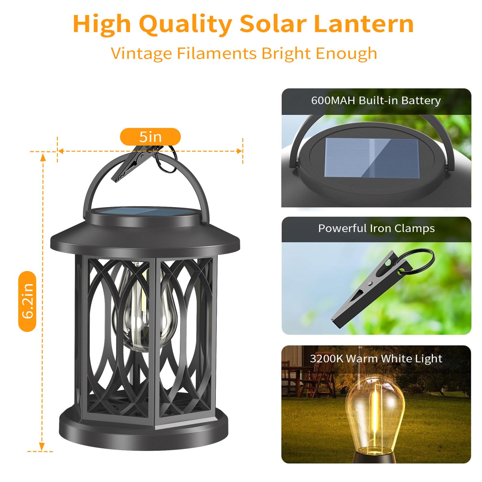 Fockety Lampada Solare Da Esterno 2 Pezzi, Lanterna Sospensione LED Retrò