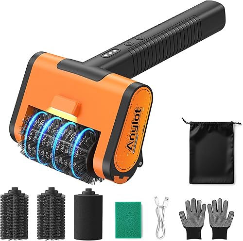 Electric Grill Brush, 1500RPM 3 Speeds, Grill Brush for Outdoor Grill with 3 Heads, Cordless Rechargeable BBQ Grate Cleaner with LED Light, Oil Splash Guard Grill Cleaning Brush for Barbecue Grates