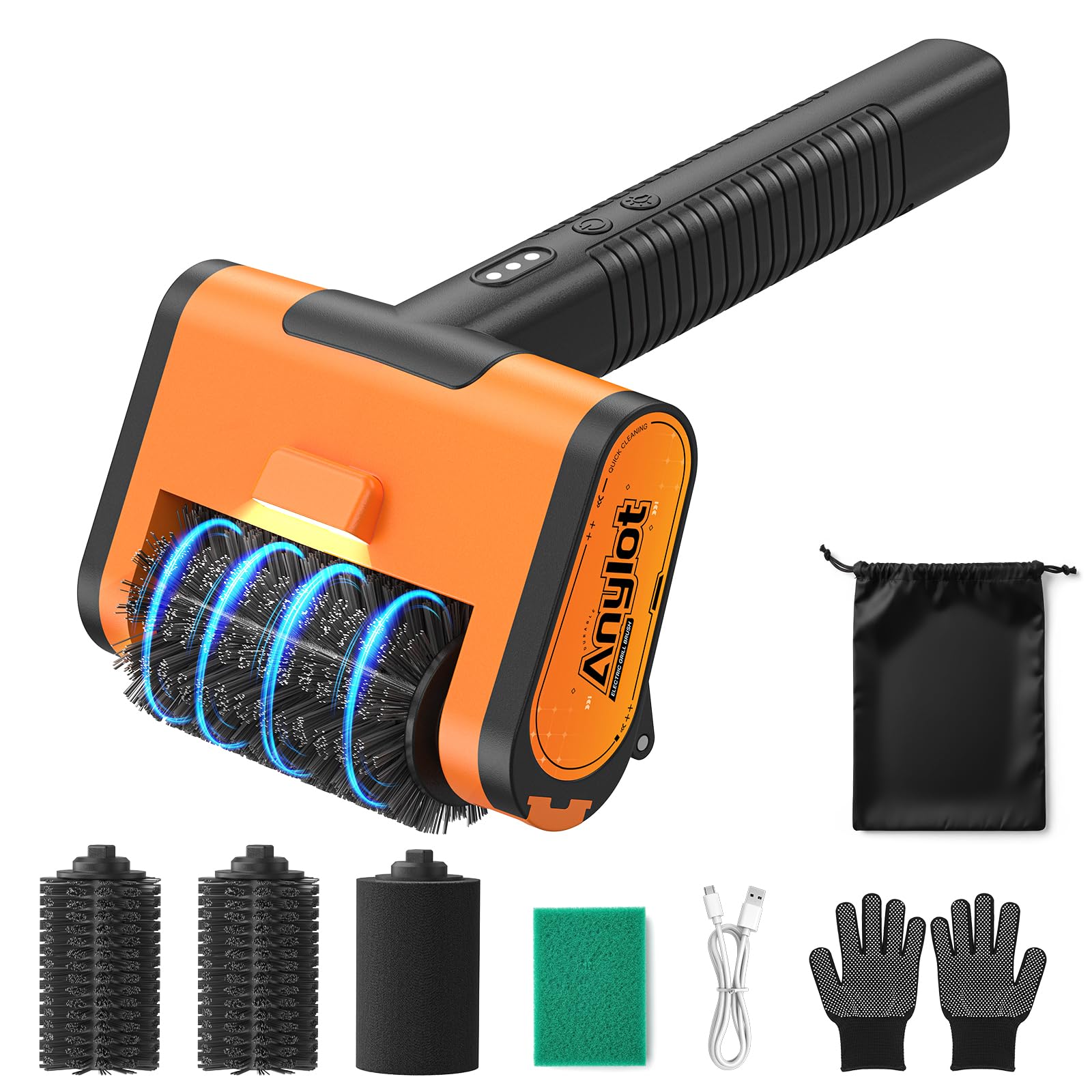 Elektrische Grillbürste 3 Stufen 1500 U/min | 4000mAh Akku, 2 Edelst.+Schwamm, IP54 Spritzschutz, kein Borstenverlust, Gas/Kohle/Gusseisen