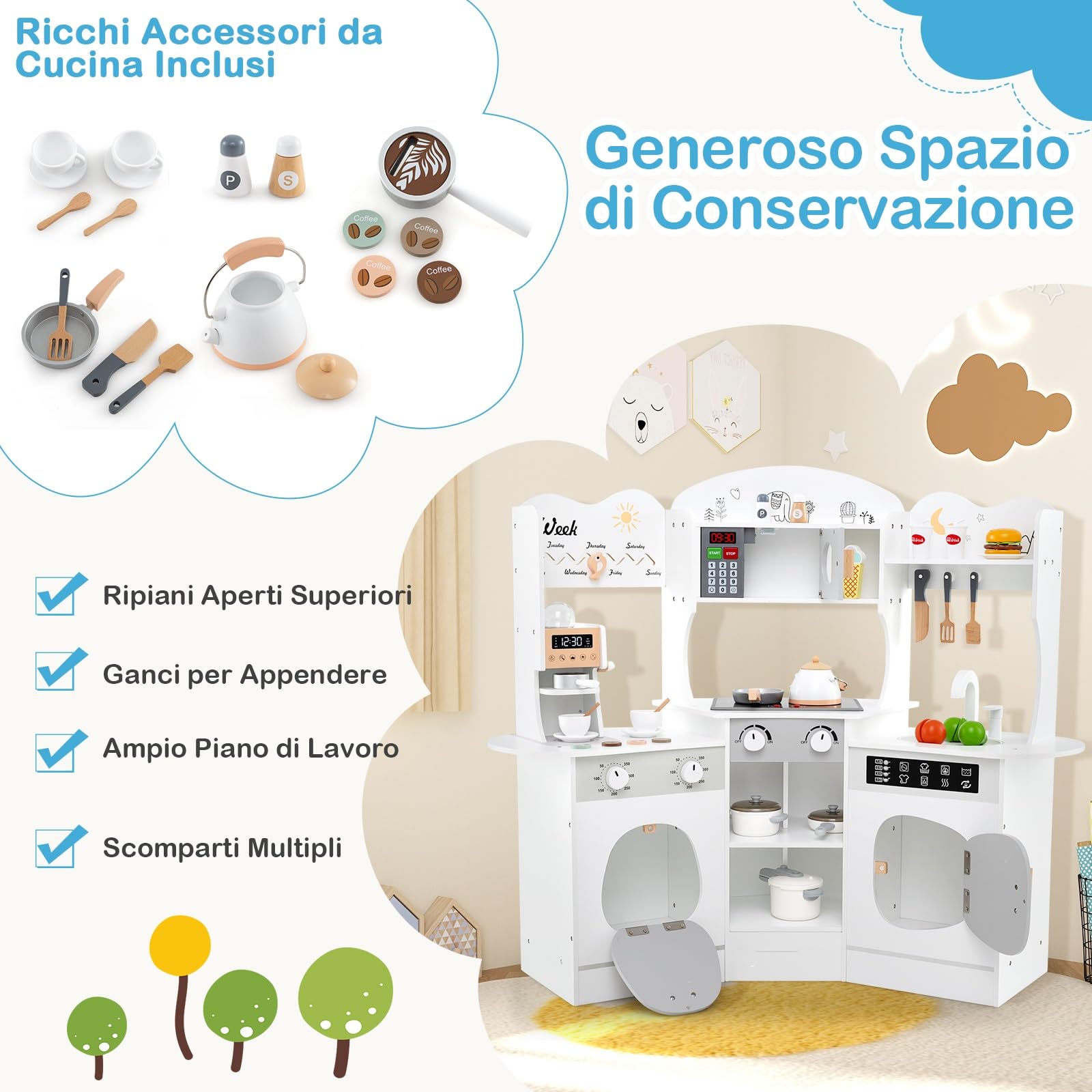 RELAX4LIFE Cucina Giocattolo per Bambini, Mini Cucina Angolare in Legno con Luci e Suoni Reali, Utensili, Set Giocattoli per Bambini 3+ Anni, 105 x 30 x 95 cm (Bianco)