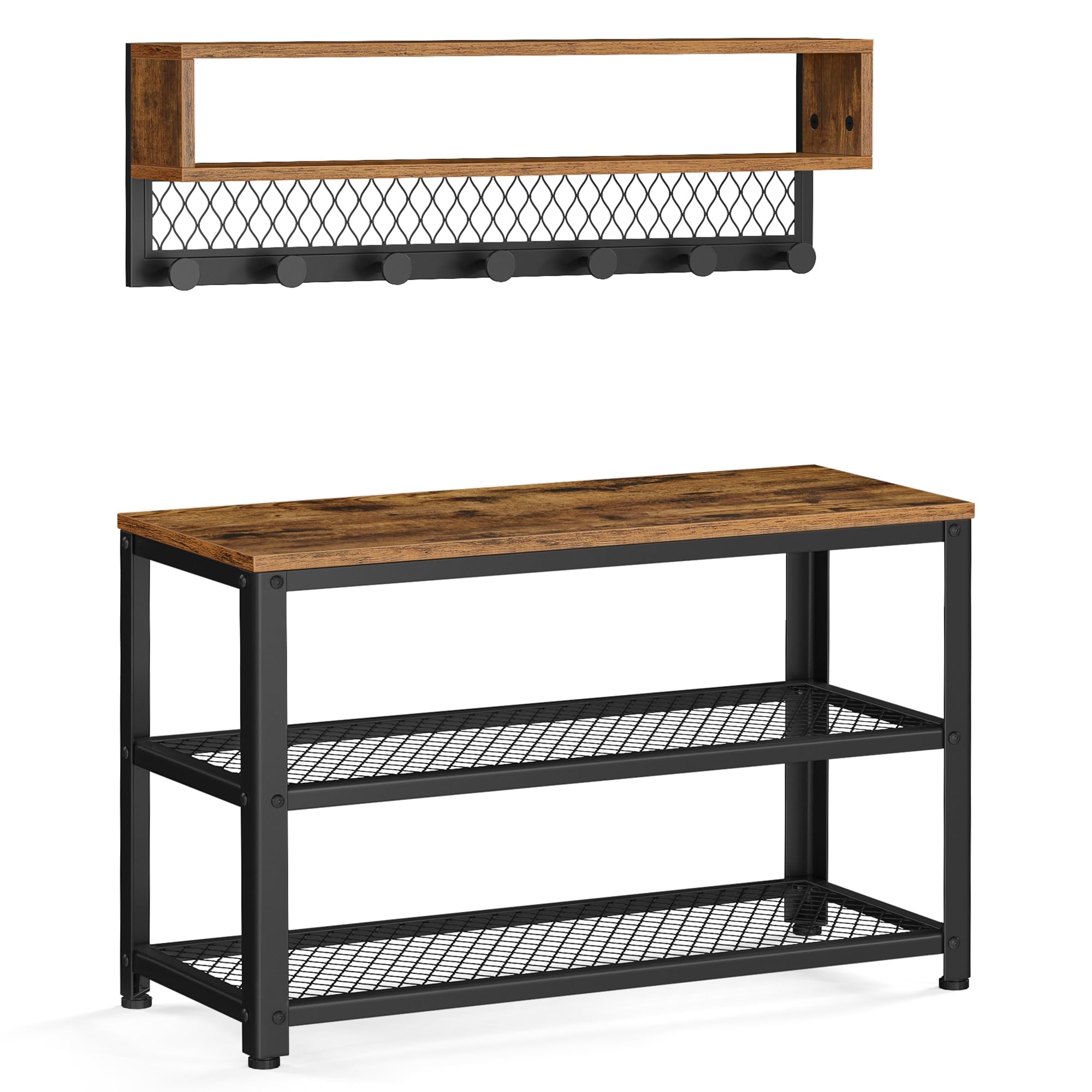 VASAGLE Juego de Perchero y Zapatero, Mueble de Entrada con Banco y Perchero, Multifuncional, Ganchos Redondos, Zapatero de 2 Niveles, Estilo Industrial, Pasillo, Marrón Rústico LCR073K01