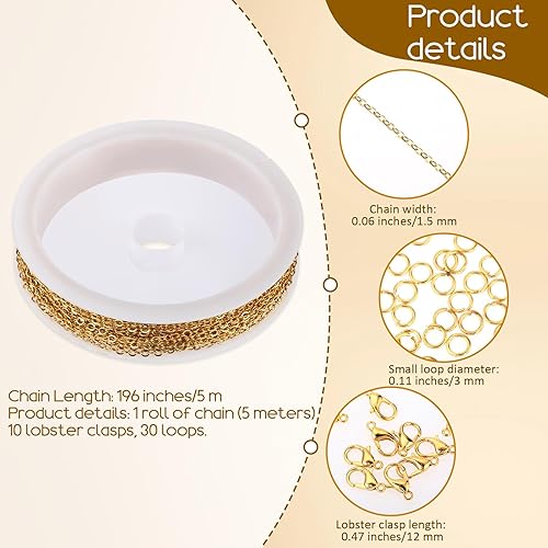 Miniatura 2 de WLLHYF Cadena chapada en oro de 196 pulgadas de acero inoxidable con 10 cierres de langosta, 30 anillos de salto, collar, aretes, pulsera,