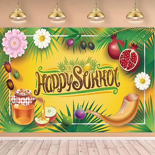 Miniatura 2 de Cartel de fondo de Happy Sukkot con 70.8 x 43.3 pulgadas, pancarta de fondo de Happy Sukkah, fondo de fotografía judía Etrog Lulav para cabina de