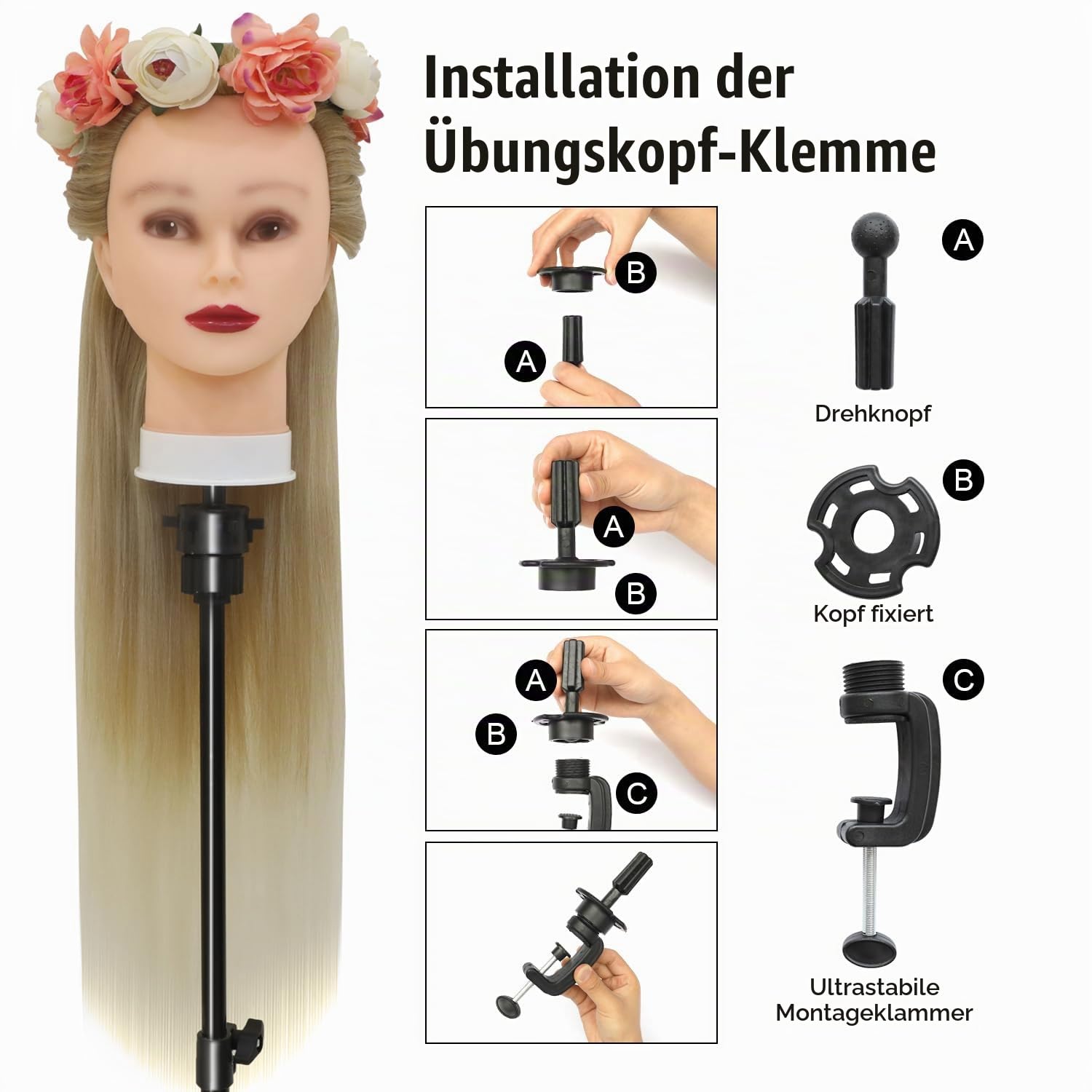 Trainingsköpfe, 28 inch Übungskopf Frisierkopf Friseur 100% Synthetikfaser-Haar Styling Kopf Frisierkopf für Frisöre mit kostenloser Klemme und DIY Flechtset (27-613)