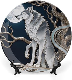 Werewolf Moon Stand Bone China Decorative Plate with Display Stand, 8inch Porcelain Wall Hanging Plate for Home Office Decor, Elegant Round Ceramic Plates for Home Decor & Gift Idea