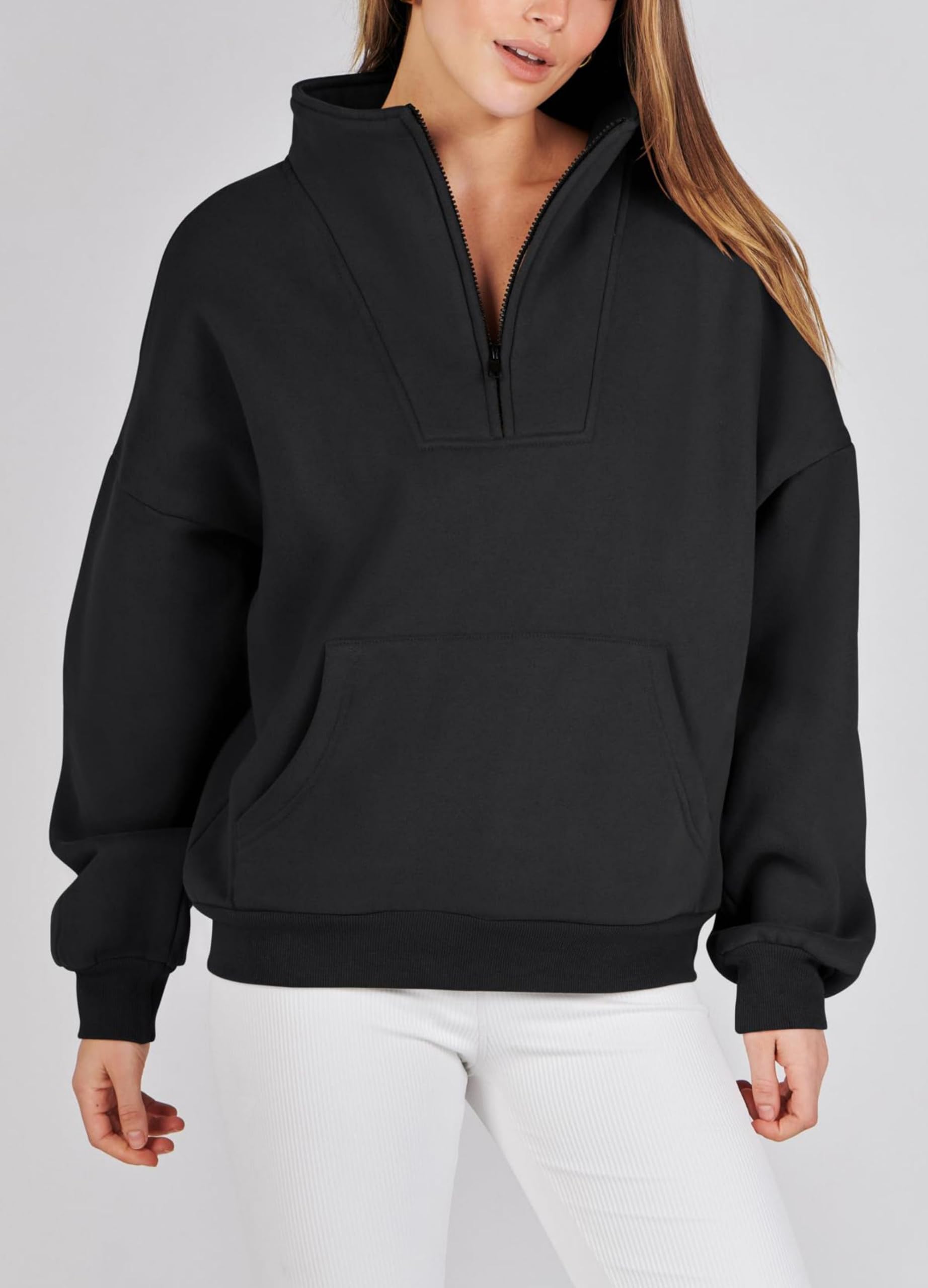 Jhsnjnr Pullover Damen Half Zip Sweatshirt Gefüttert Reissverschluss Fleecepullover Stehkragen Oversized Sweatjacke ohne Kapuze