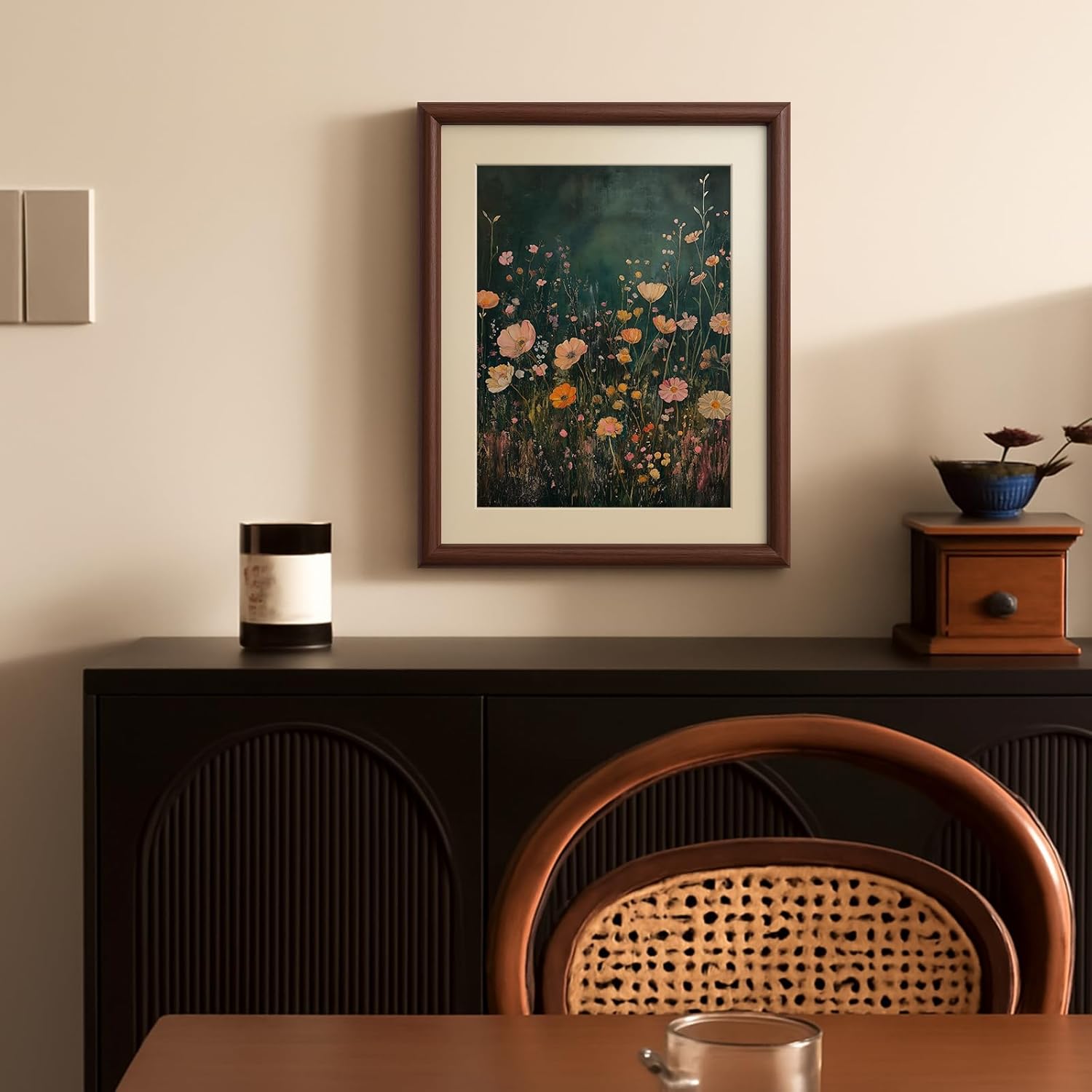 InSimSea Brown Framed Canvas Wall Art, Bedroom Small Vintage Art,11x14in, Retro Wildflower Paintings Prints, Country Floral Shelf Decor for Living Dining Room Hallway, Anti-dust(with acrylic panel)