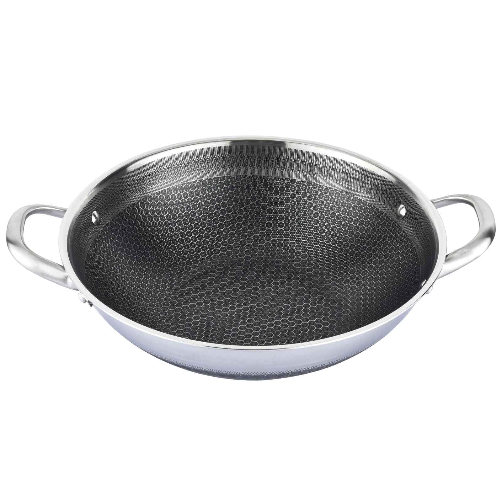 4BIG.fun Wok Bratpfanne aus Edelstahl 36 cm Antihaft Wabenstruktur Wokpfanne mit Glasdeckel Asia Schmortopf ofenfest Induktion
