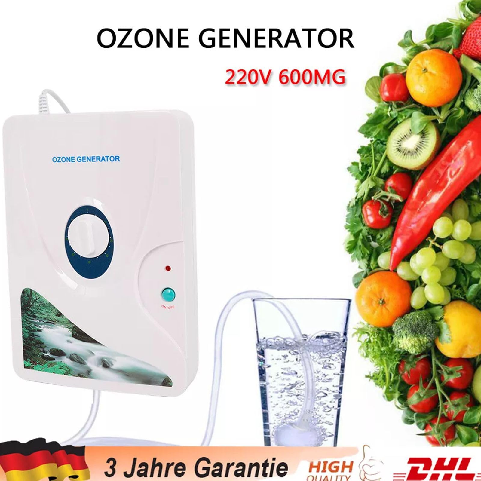 Generatore di ozono da 600 mg/h – Dispositivo industriale di ozono, purificatore d'aria e deodorante con timer da 60 min, per frutta e verdura, trattamento dell'acqua, purificazione dell'aria e