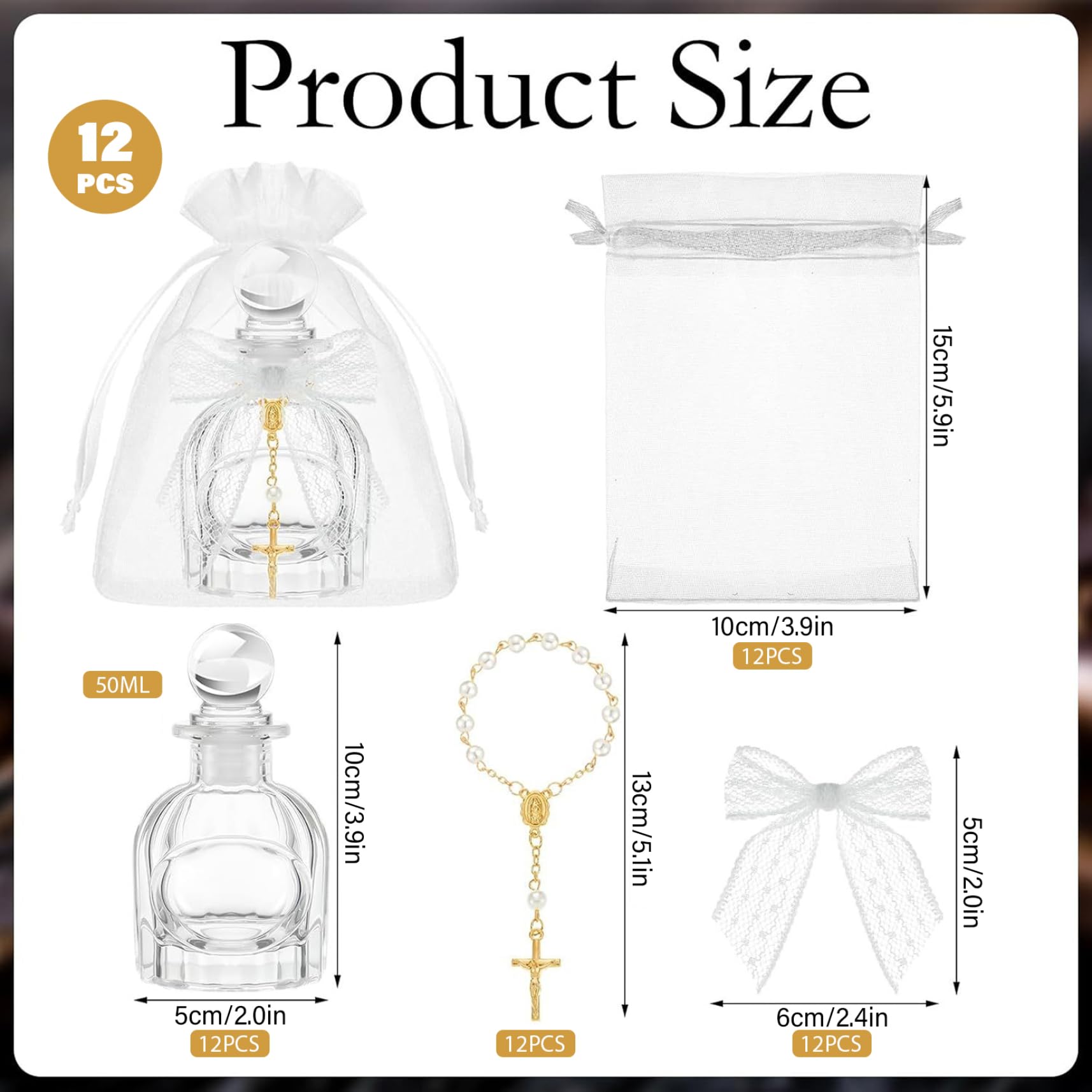 Weihwasserflaschen-Set mit 12 Stück – elegante Glasflaschen mit Kreuzarmband und Spitzenschleife für Taufgeschenke, Kommunion, kirchliche Hochzeit, Weihwasserbehälter