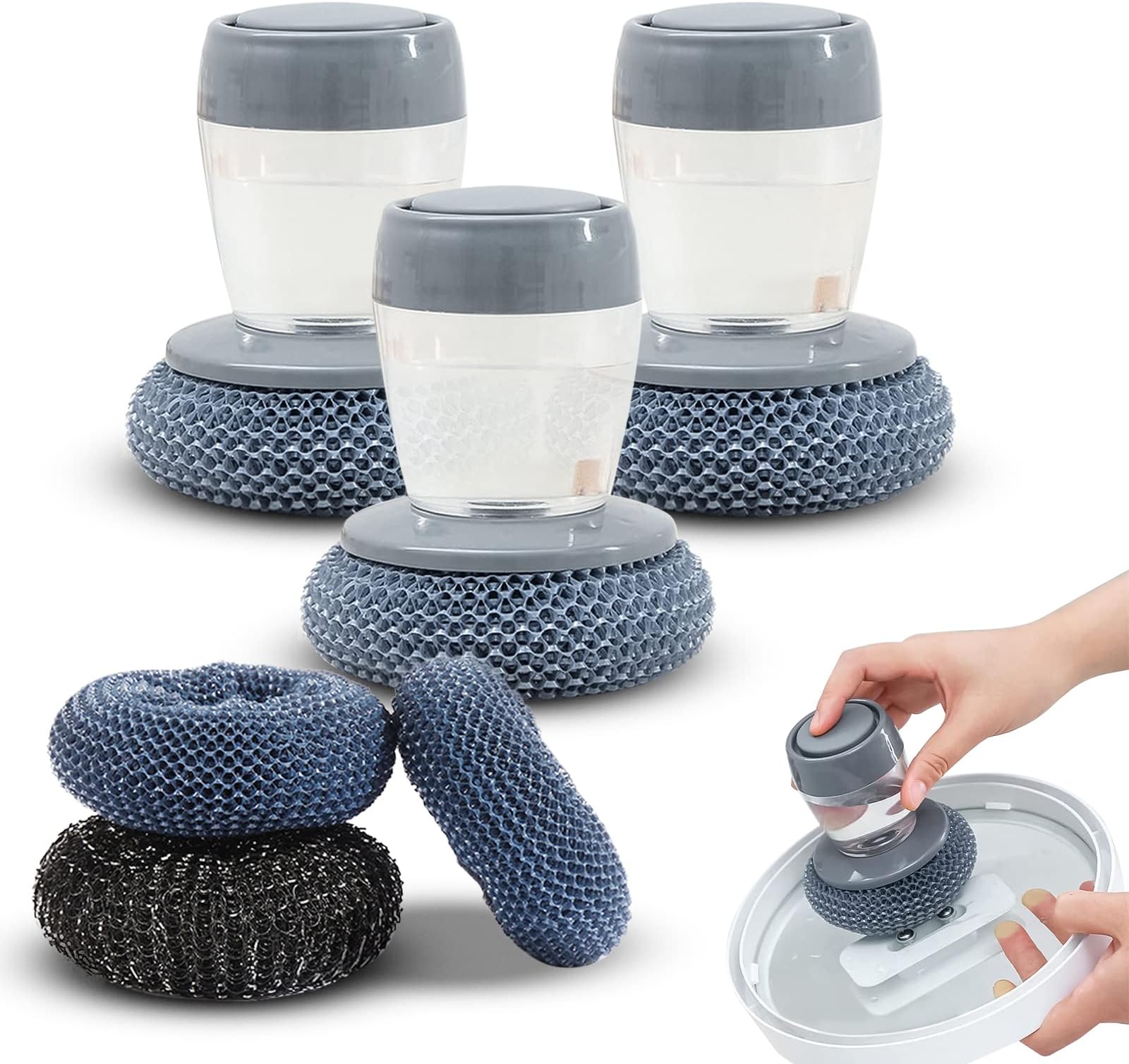 Stainless Steel Sponges Wool Scrubbers, Cleaning Sponges Metal Wire Scourer Heavy Duty Scrubbing Scouring Pad Pot Brush with Soap Dispenser for Kitchen Cleaner Dishes,Cooker(3Pack)