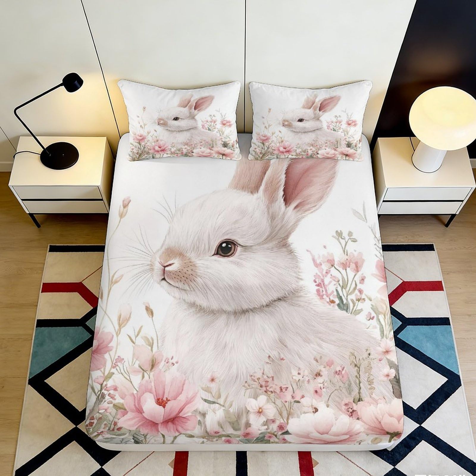Jqzkxnhpbr Style-8 3D Printed White Bunny Fitted Sheet Microfiber Soft Pink Floral Bed Cover For Bedroom Dorm Mattress Protection Decor 90X200x25cm
