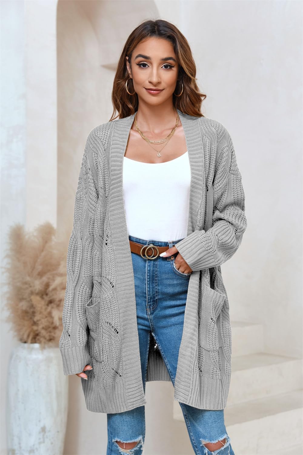 Miladusa Women's Cardigan Sweaters Long Sleeve Plus Size Solid Cable Knit Open Front Outerwear with Pockets - Image 5