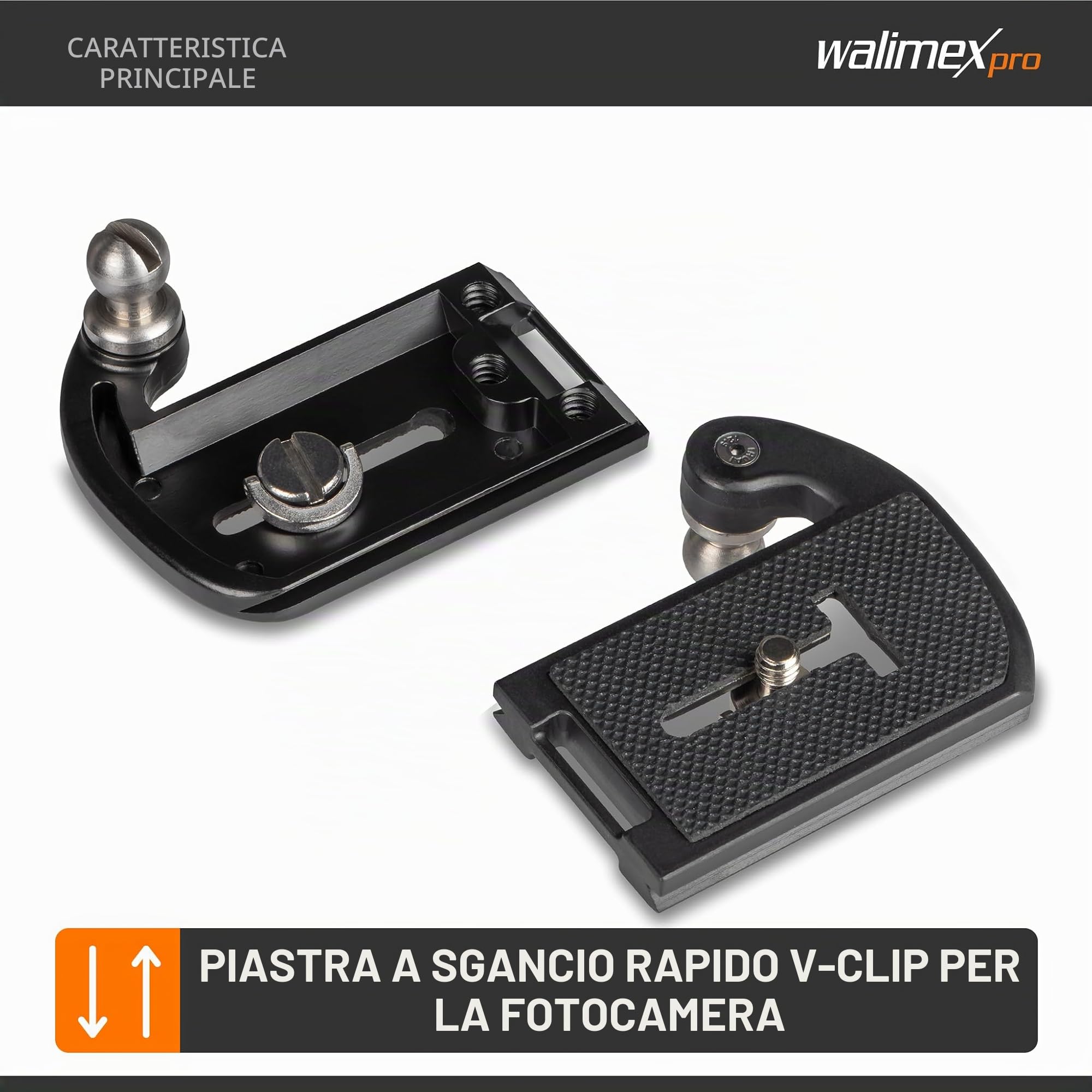 walimex pro Porta macchina fotografica da cintura, Gancio e Clip a V, Piastra a sgancio rapido compatibile con Arca-Swiss, max 5 kg, per cinghie larghe fino a 50 mm