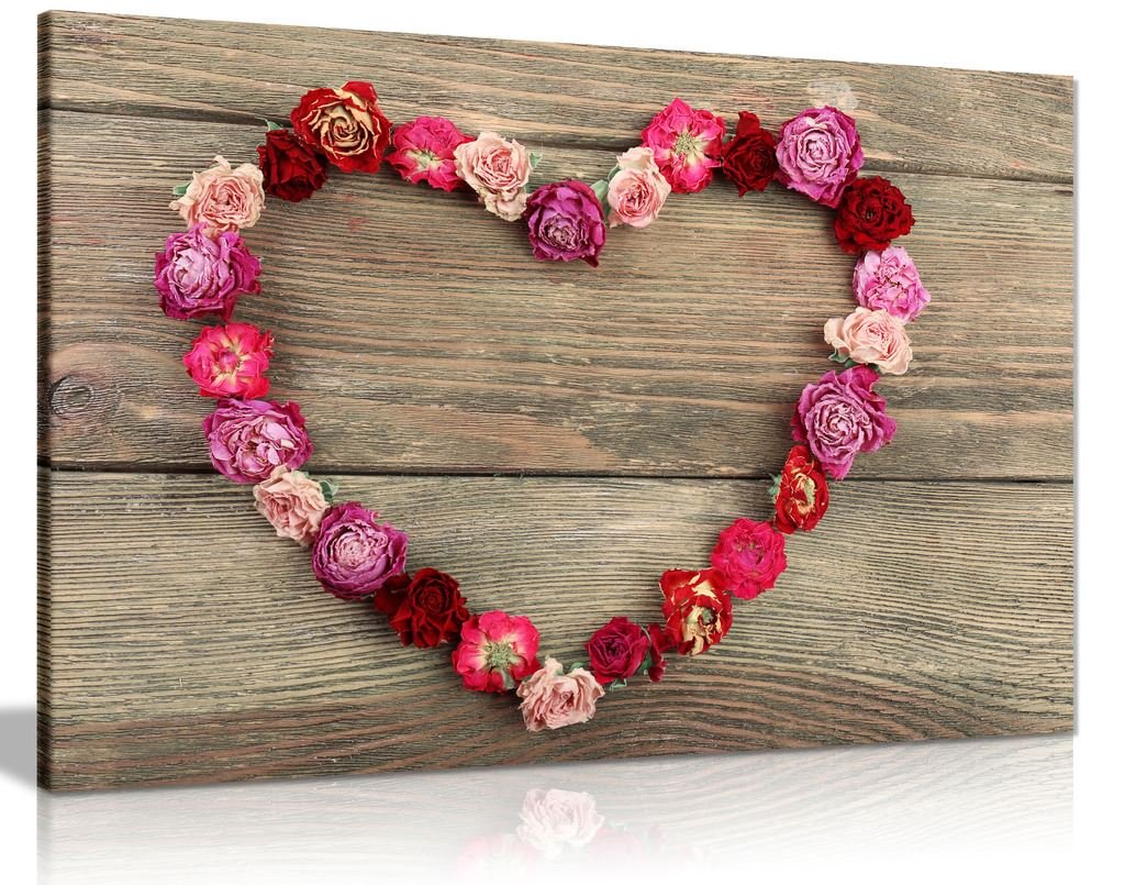Panther Print Dried Heart Shaped Roses Rustic Canvas Wall Art Picture Print (30X20)