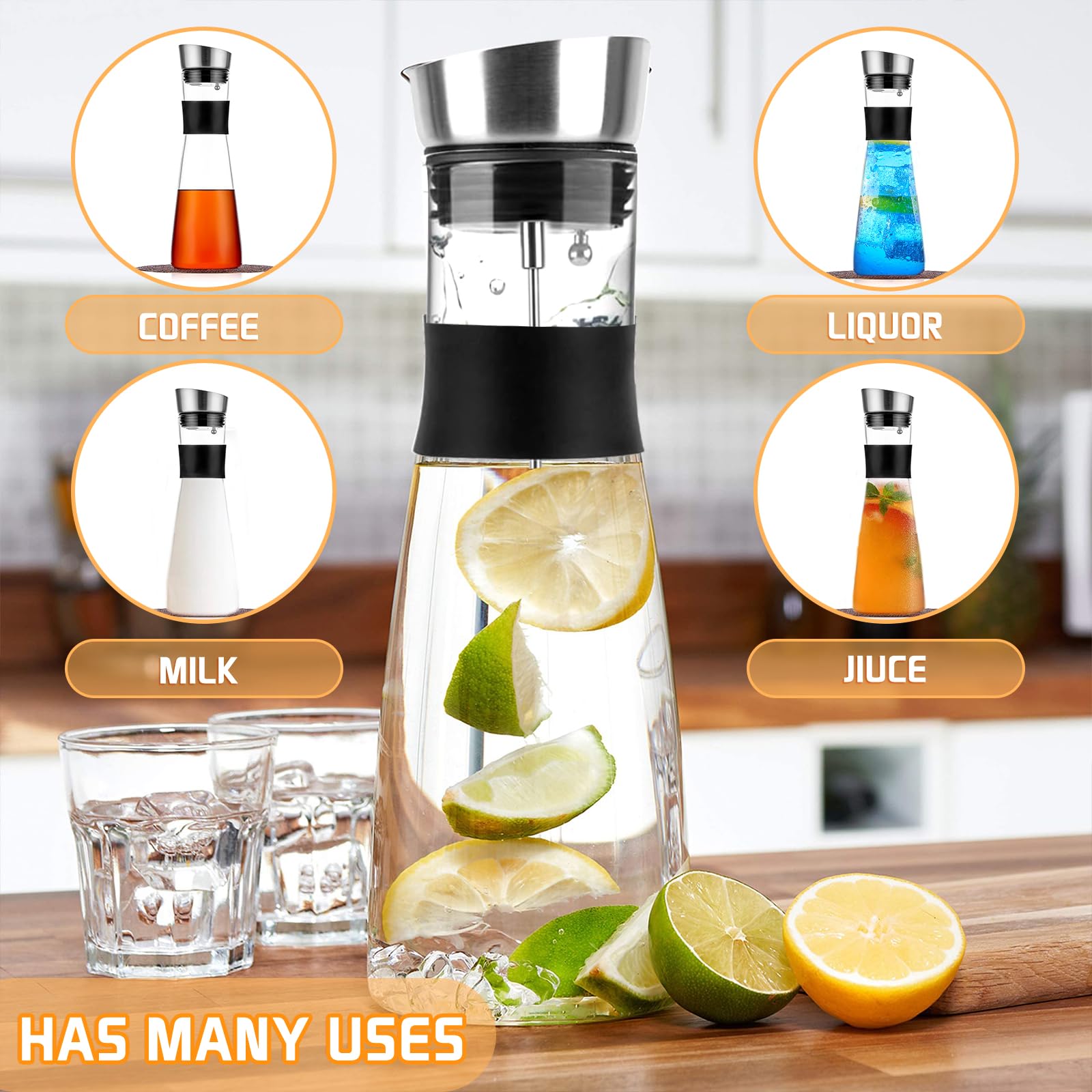 Uootach 1.5 L Carafe Eau En Verre Avec Couverture, Transparent Et Résistant à La Chaleur