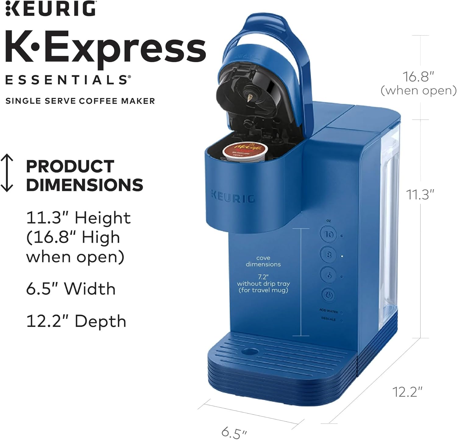 Detailed product dimensions of the Keurig K-Express Essentials coffee maker.
