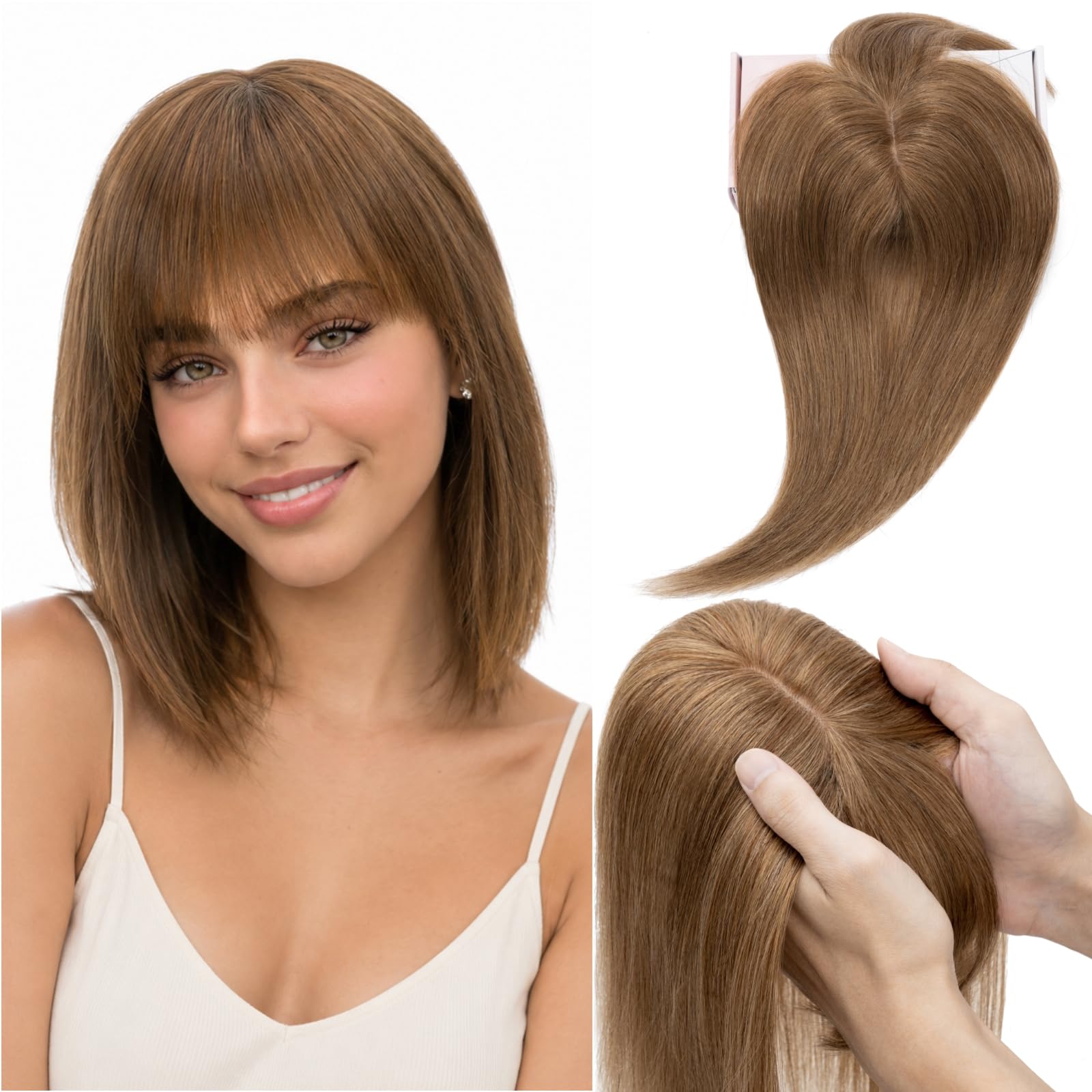 Rich Choices Hairpieces for Women Human Hair with Bangs Hand Woven Clip in Human Hair Bangs Natural Straight Remy Hair Extensions 25cm 28g #6 Brun