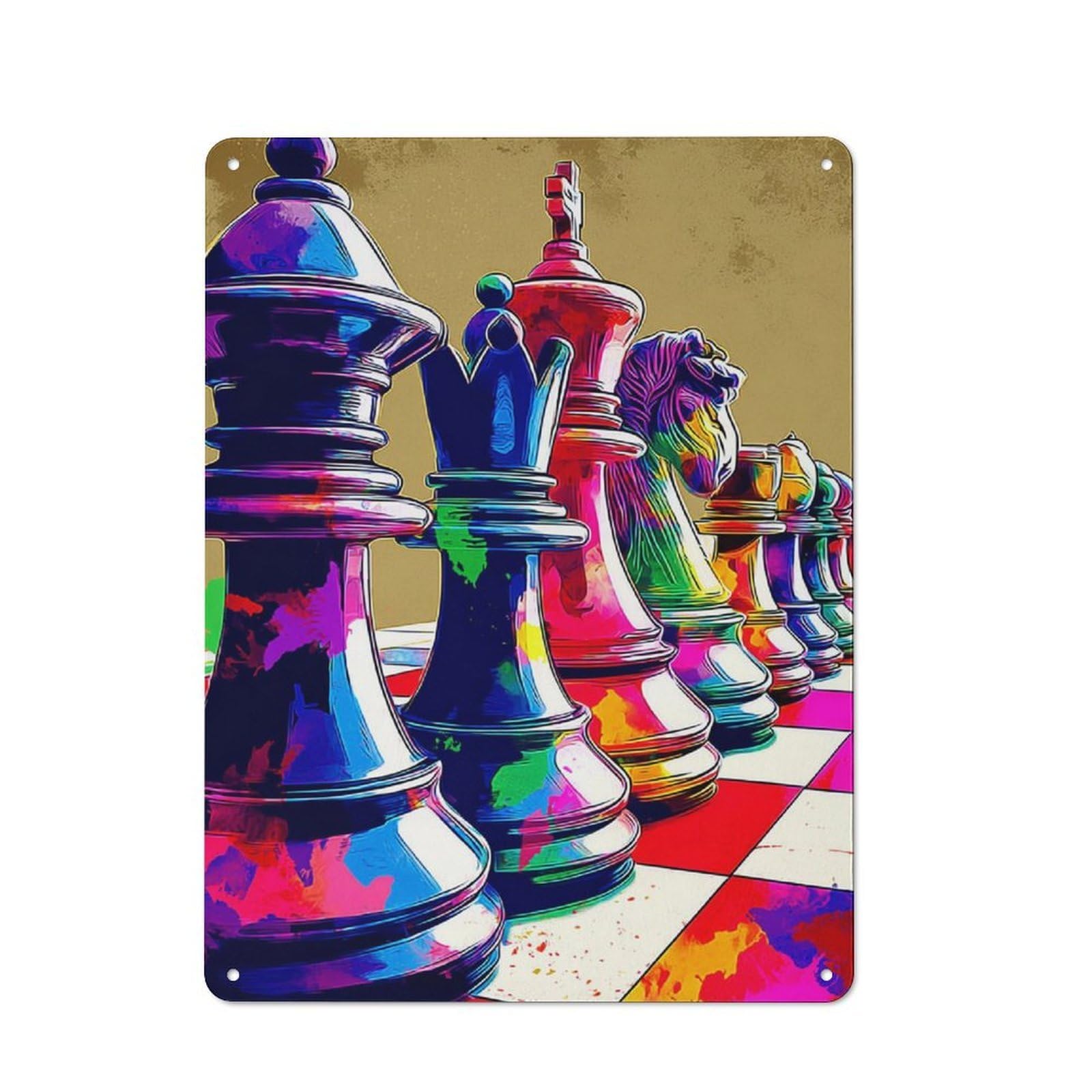 Junmoney Colorful Chess Pieces On Board -3 Classic Metal Wall Decor 40X30cm, Decorative Tin Plaque For Cafe, Pub, Workshop Or Home Bar