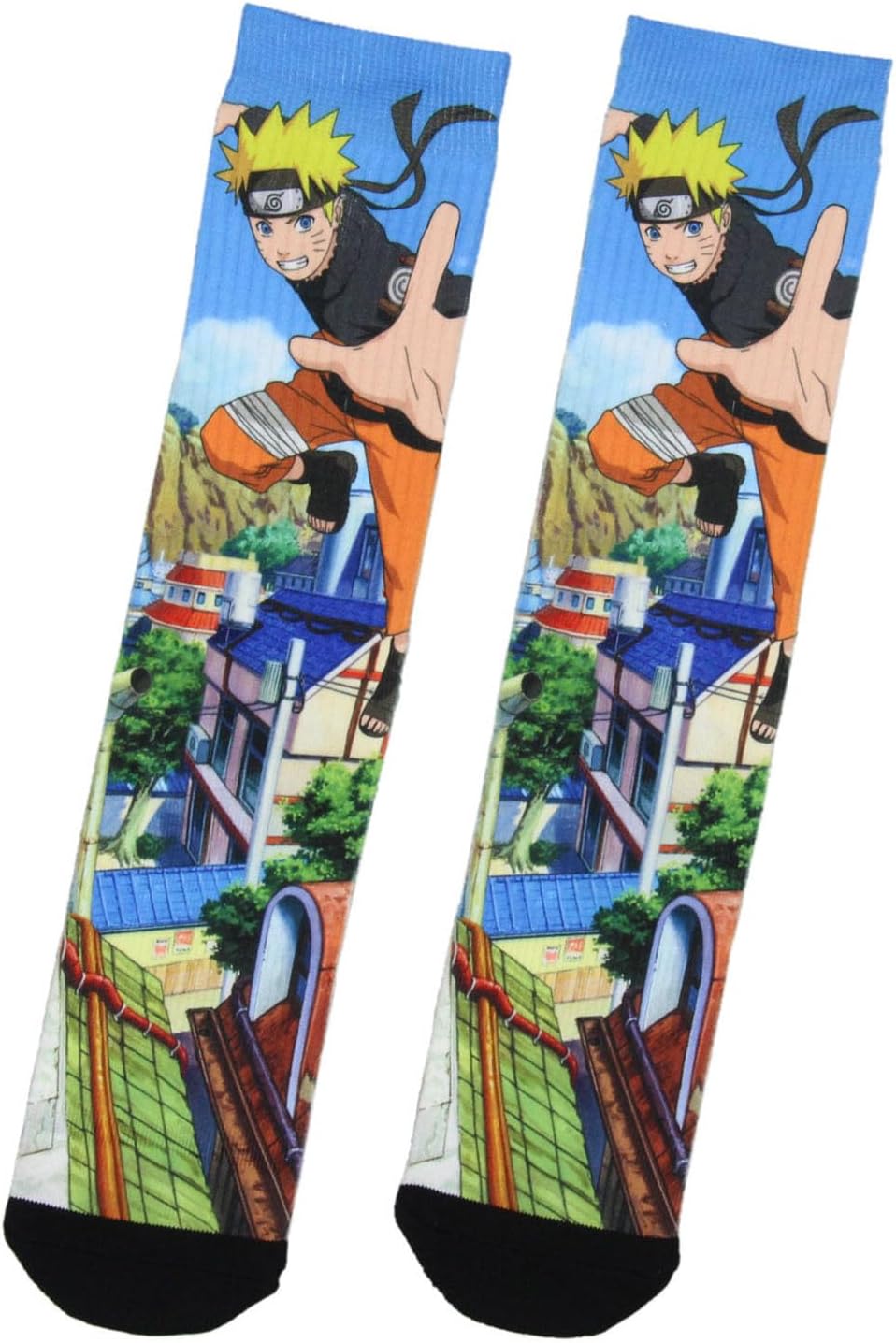 Bioworld Naruto: Shippuden Men's Jumping Naruto Hidden Leaf Village Buildings Crew Socks (8-12) image 5